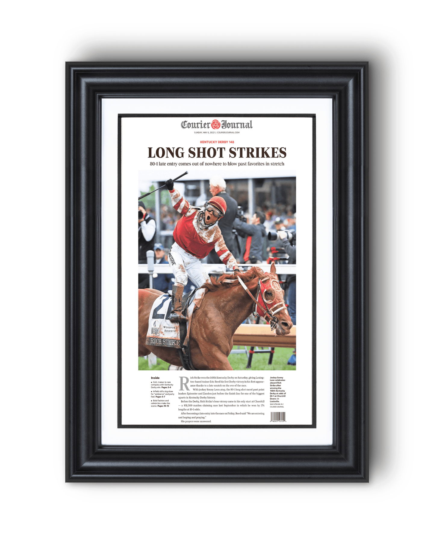 2022 Kentucky Derby “LONG SHOT STRIKES” 80 - 1 Odds Rich Strike Winning Horse Framed Newspaper - TitleGameFrames.com