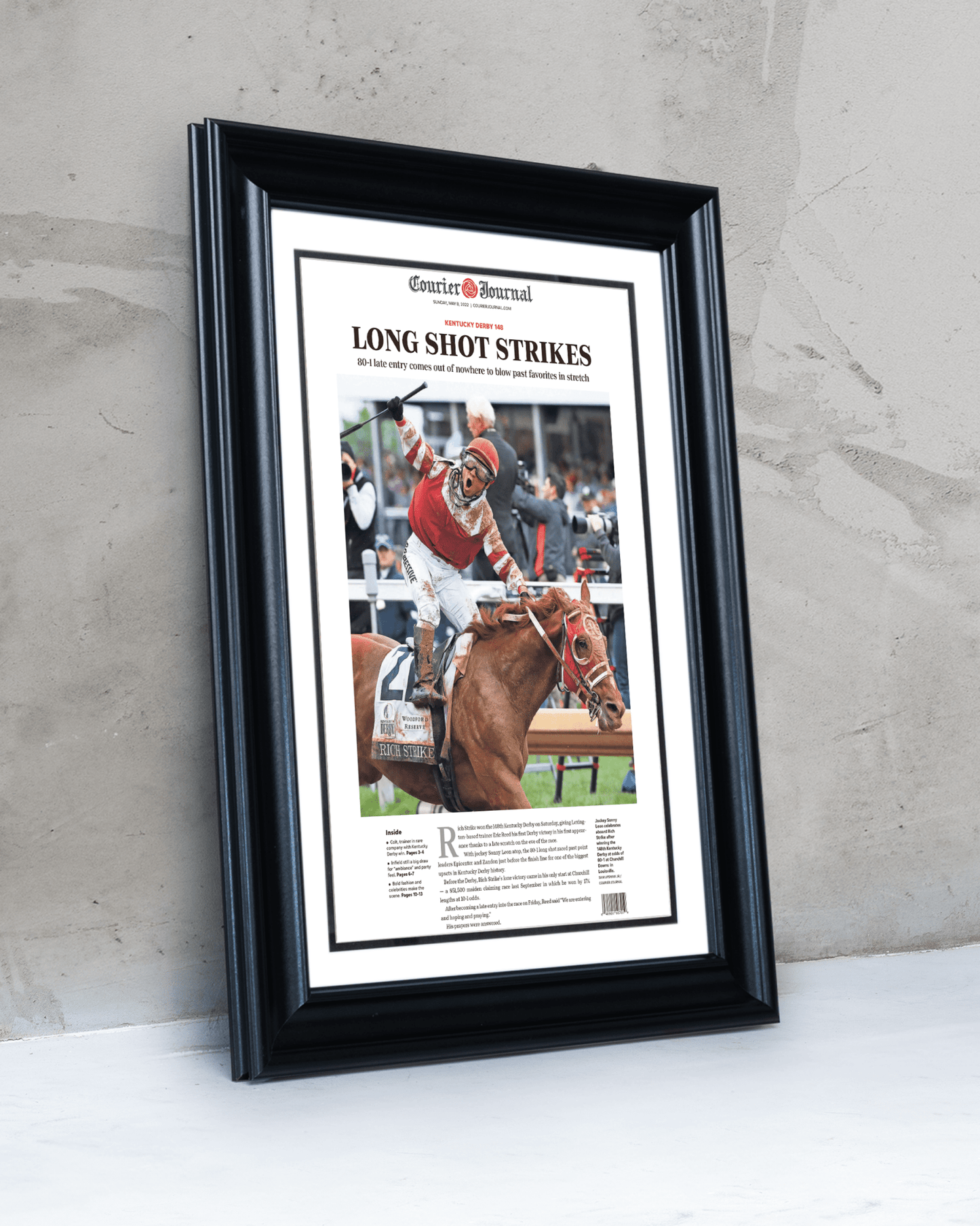 2022 Kentucky Derby “LONG SHOT STRIKES” 80 - 1 Odds Rich Strike Winning Horse Framed Newspaper - TitleGameFrames.com