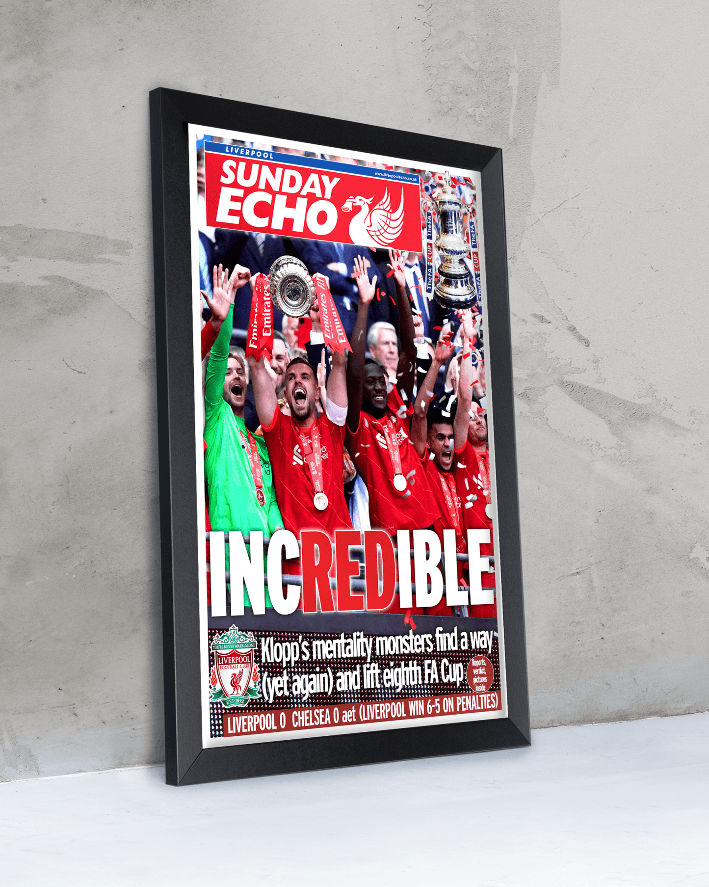 2022 Liverpool FC "INCREDIBLE" Domestic Double FA Cup Triumph Framed Newspaper - TitleGameFrames.com