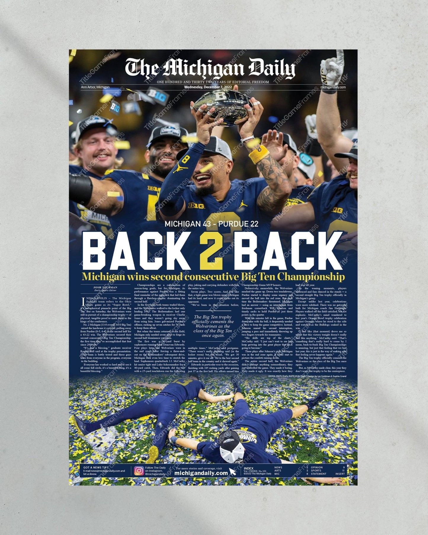 2022 Michigan Wolverines Big Ten Championship: 'Back - 2 - Back' - Framed Newspaper Print - TitleGameFrames.com