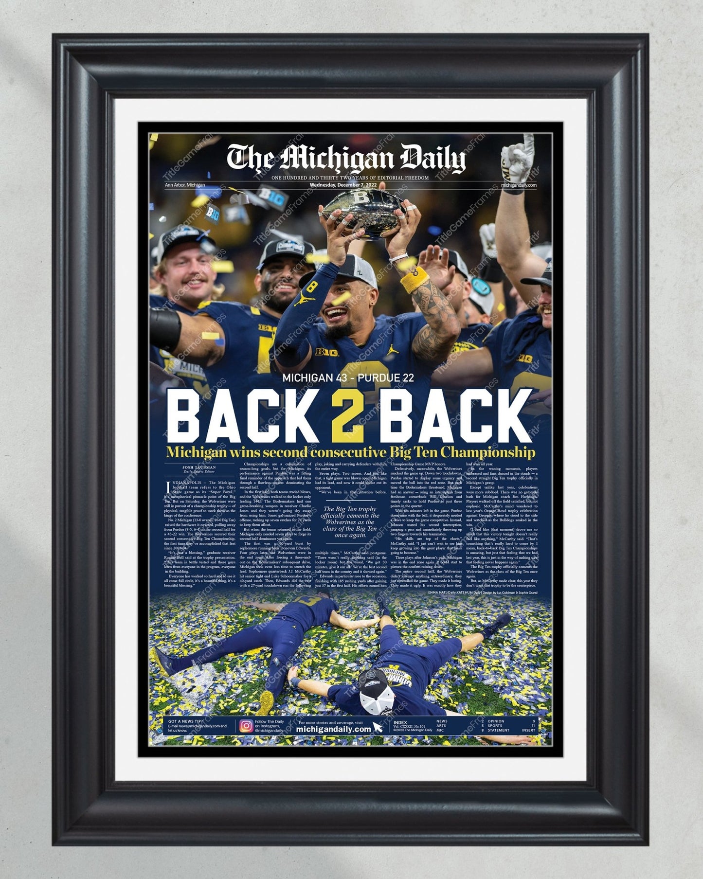 2022 Michigan Wolverines Big Ten Championship: 'Back - 2 - Back' - Framed Newspaper Print - TitleGameFrames.com