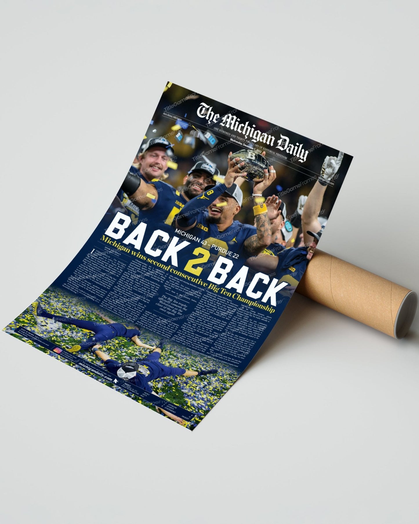 2022 Michigan Wolverines Big Ten Championship: 'Back - 2 - Back' - Framed Newspaper Print - TitleGameFrames.com