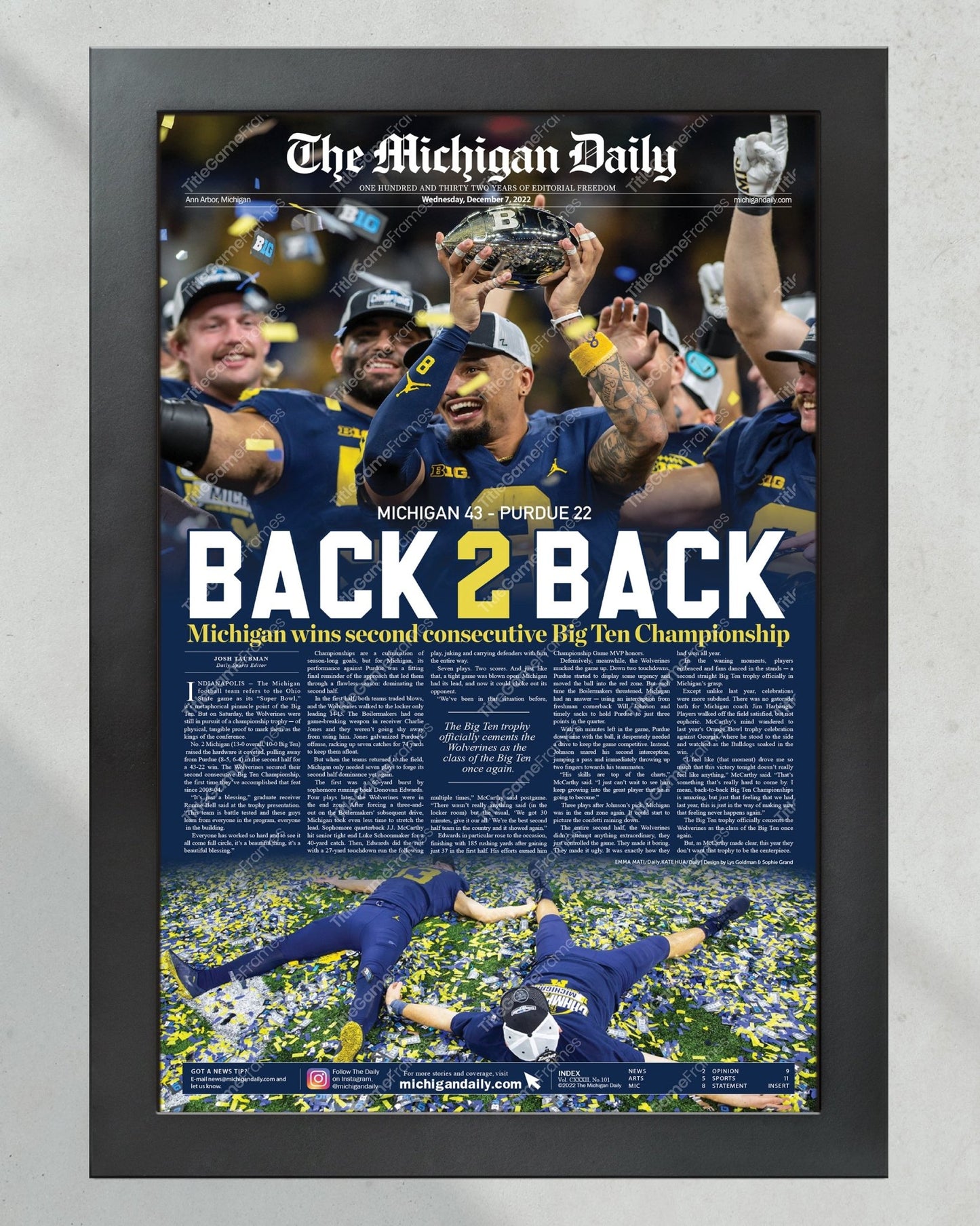 2022 Michigan Wolverines Big Ten Championship: 'Back - 2 - Back' - Framed Newspaper Print - TitleGameFrames.com