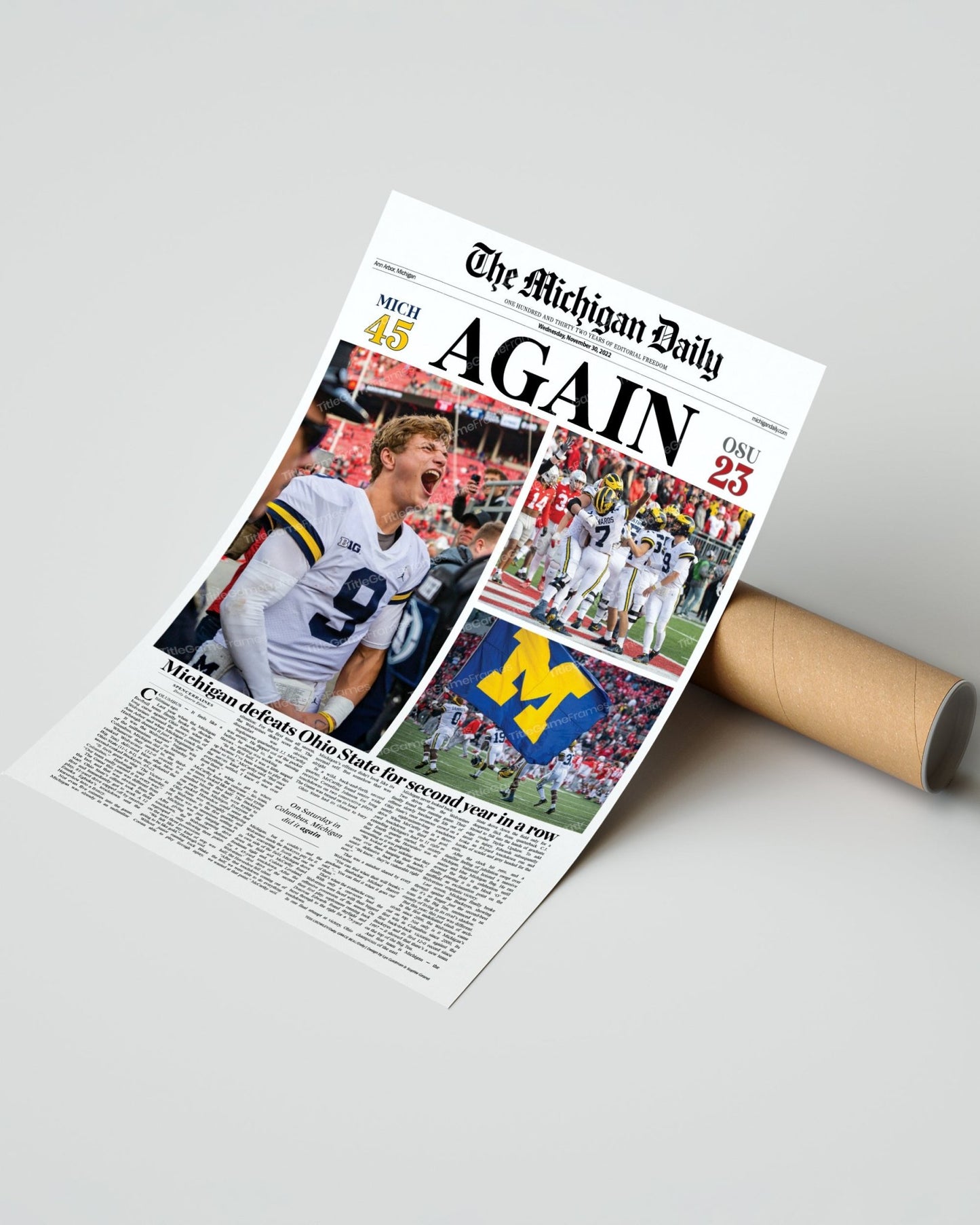 2022 Michigan Wolverines Defeat Ohio State: 'AGAIN' - Framed Newspaper Print - TitleGameFrames.com