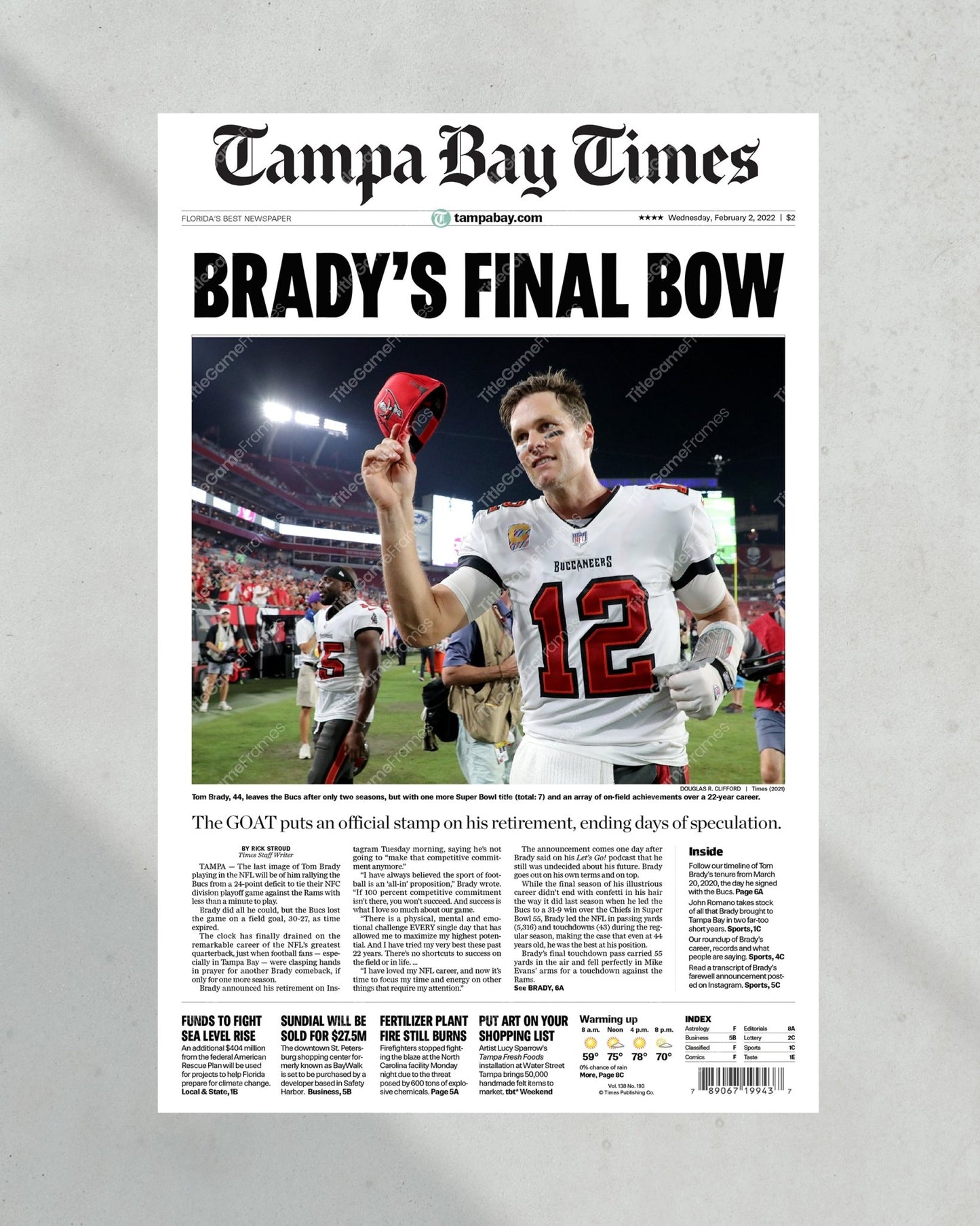 2022 Tom Brady Retirement Framed Front Page Newspaper Print - Title Game Frames