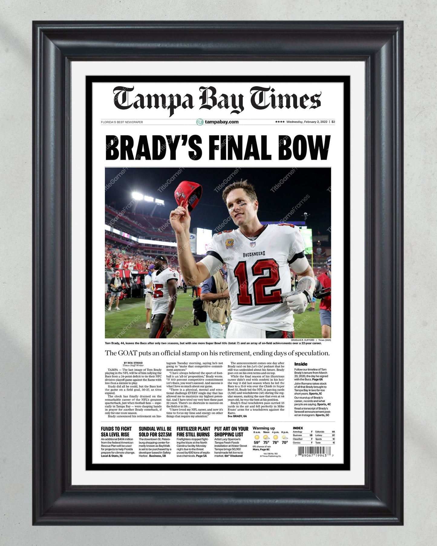 2022 Tom Brady Retirement Framed Front Page Newspaper Print - Title Game Frames