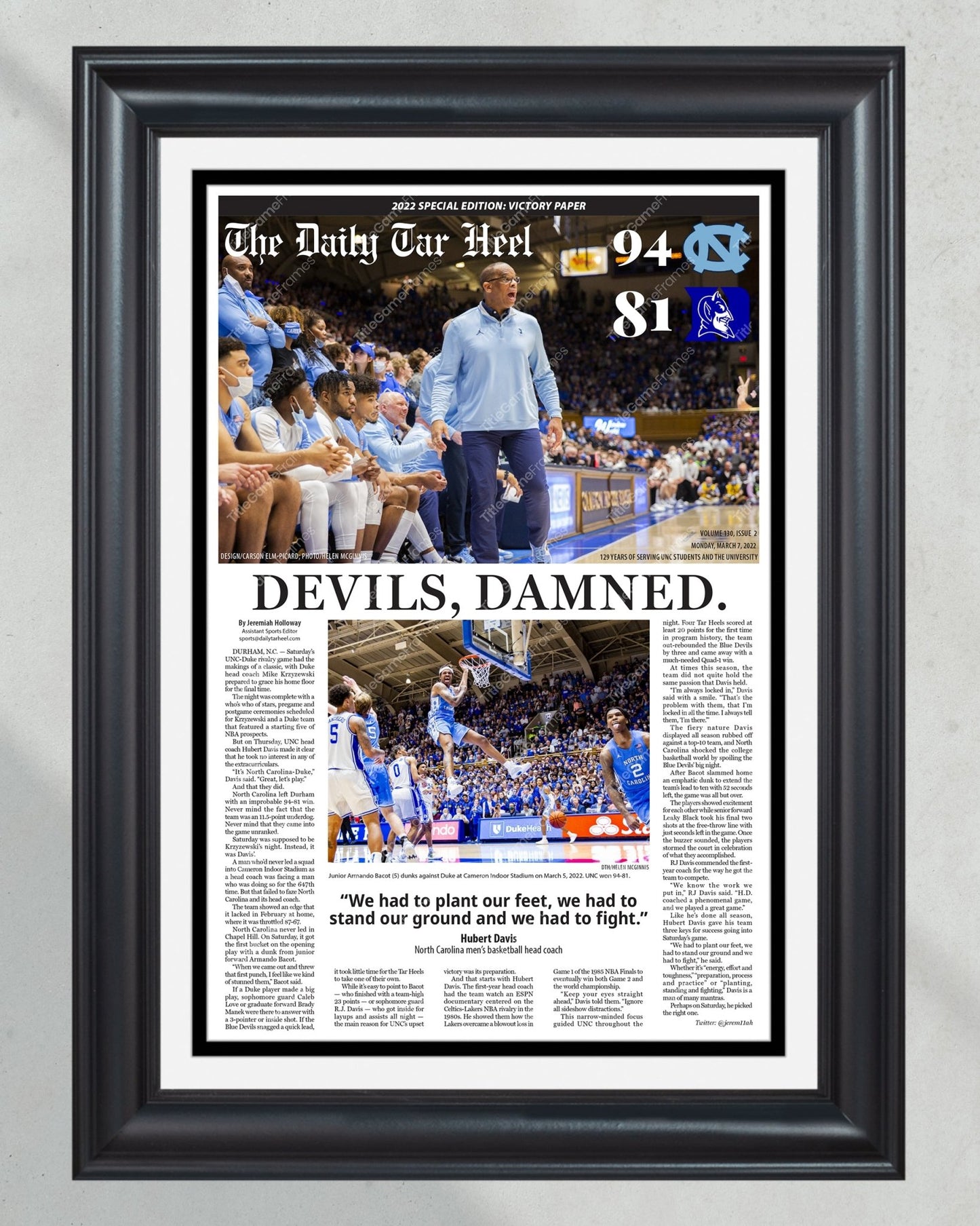 2022 UNC Tar Heels Defeat Duke Coach K Final Home Game - Framed Newspaper - TitleGameFrames.com