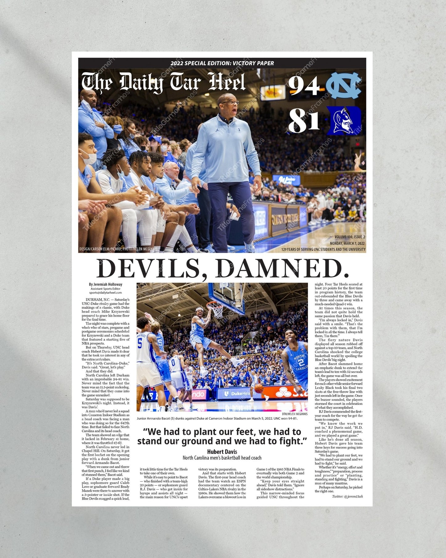 2022 UNC Tar Heels Defeat Duke Coach K Final Home Game - Framed Newspaper - TitleGameFrames.com
