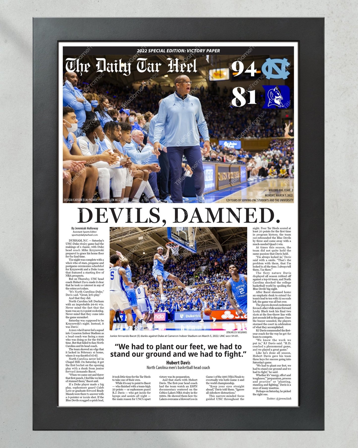2022 UNC Tar Heels Defeat Duke Coach K Final Home Game - Framed Newspaper - TitleGameFrames.com