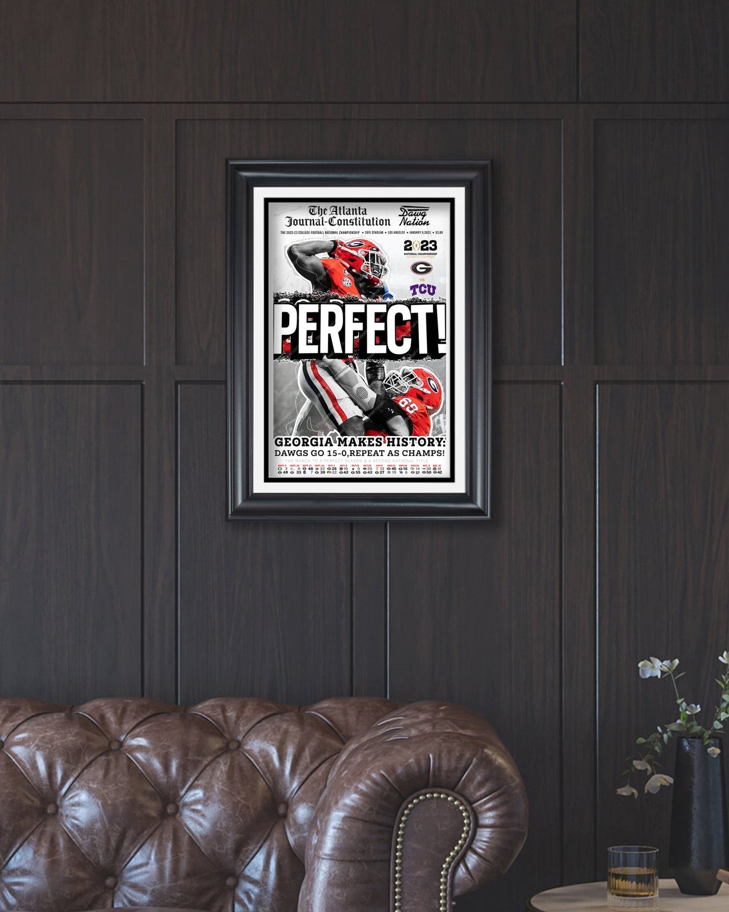 2023 Georgia Bulldogs 'PERFECT' College Football National Champions Framed Front Page Newspaper Print - TitleGameFrames.com