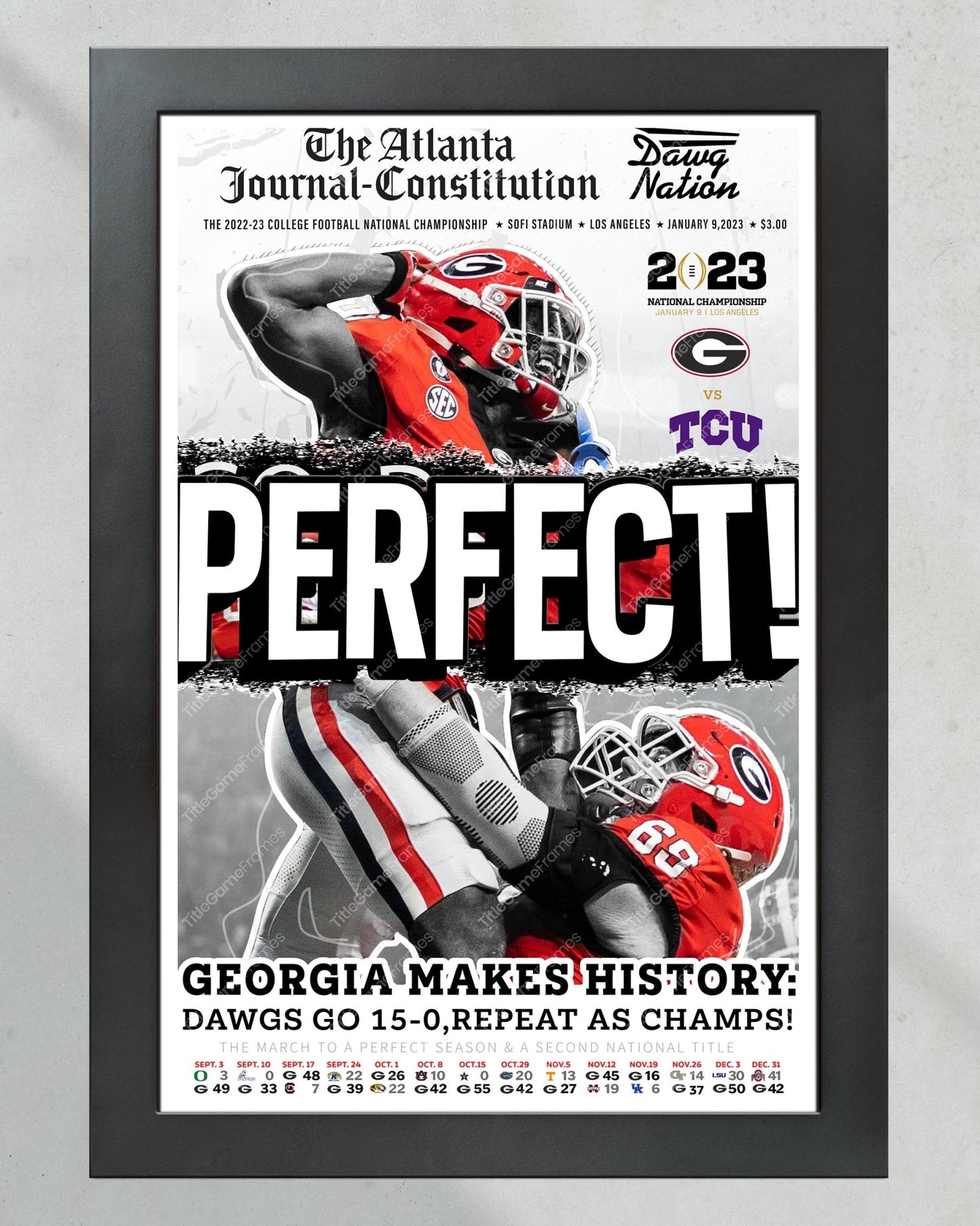 2023 Georgia Bulldogs 'PERFECT' College Football National Champions Framed Front Page Newspaper Print - TitleGameFrames.com