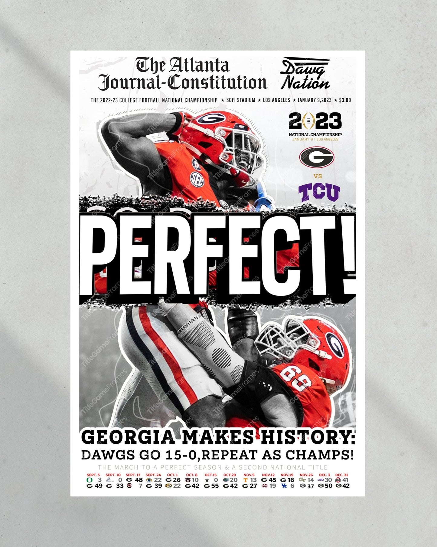 2023 Georgia Bulldogs 'PERFECT' College Football National Champions Framed Front Page Newspaper Print - TitleGameFrames.com