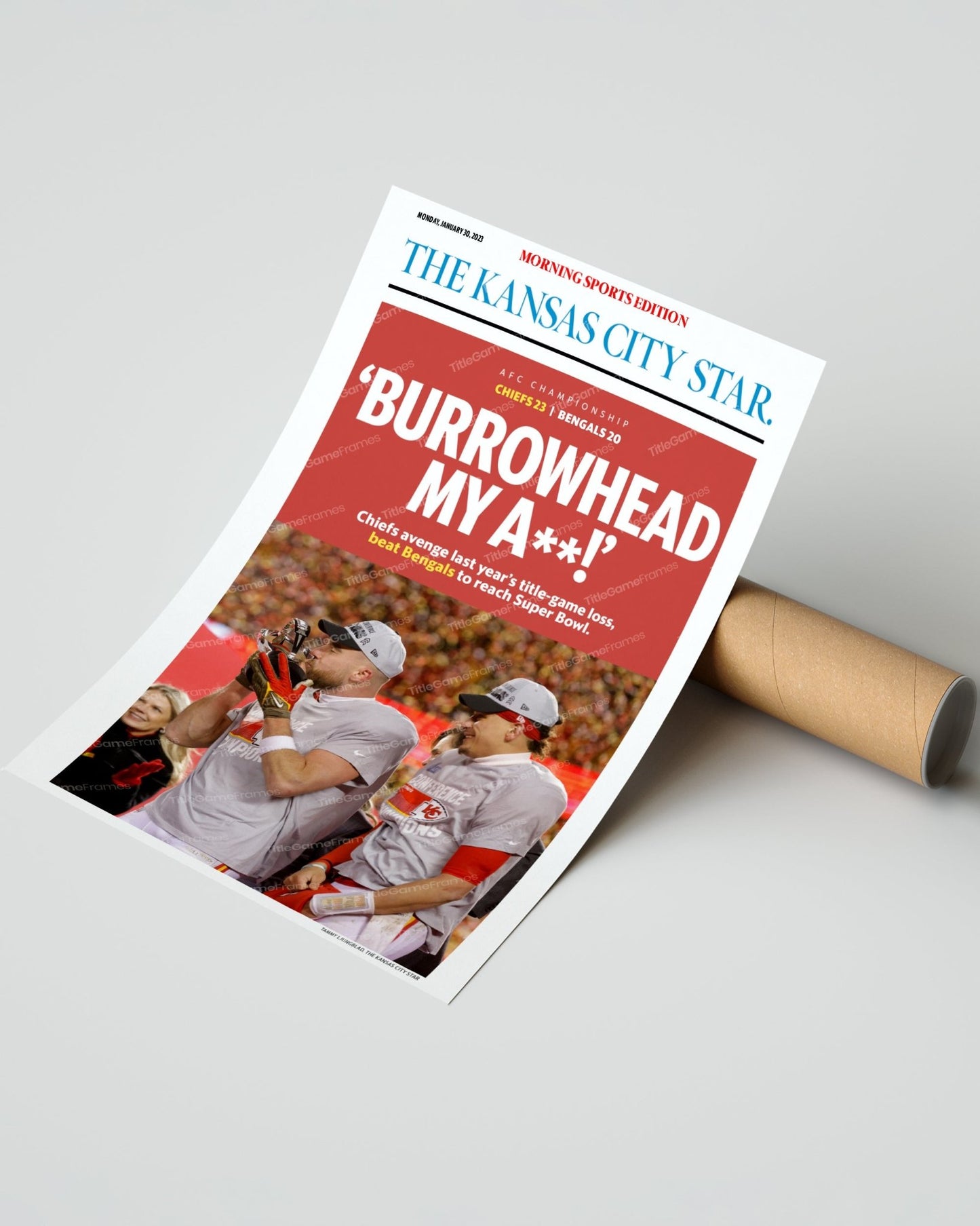 2023 Kansas City Chiefs “Burrowhead” AFC Championship Game Framed Front Page Newspaper - TitleGameFrames.com