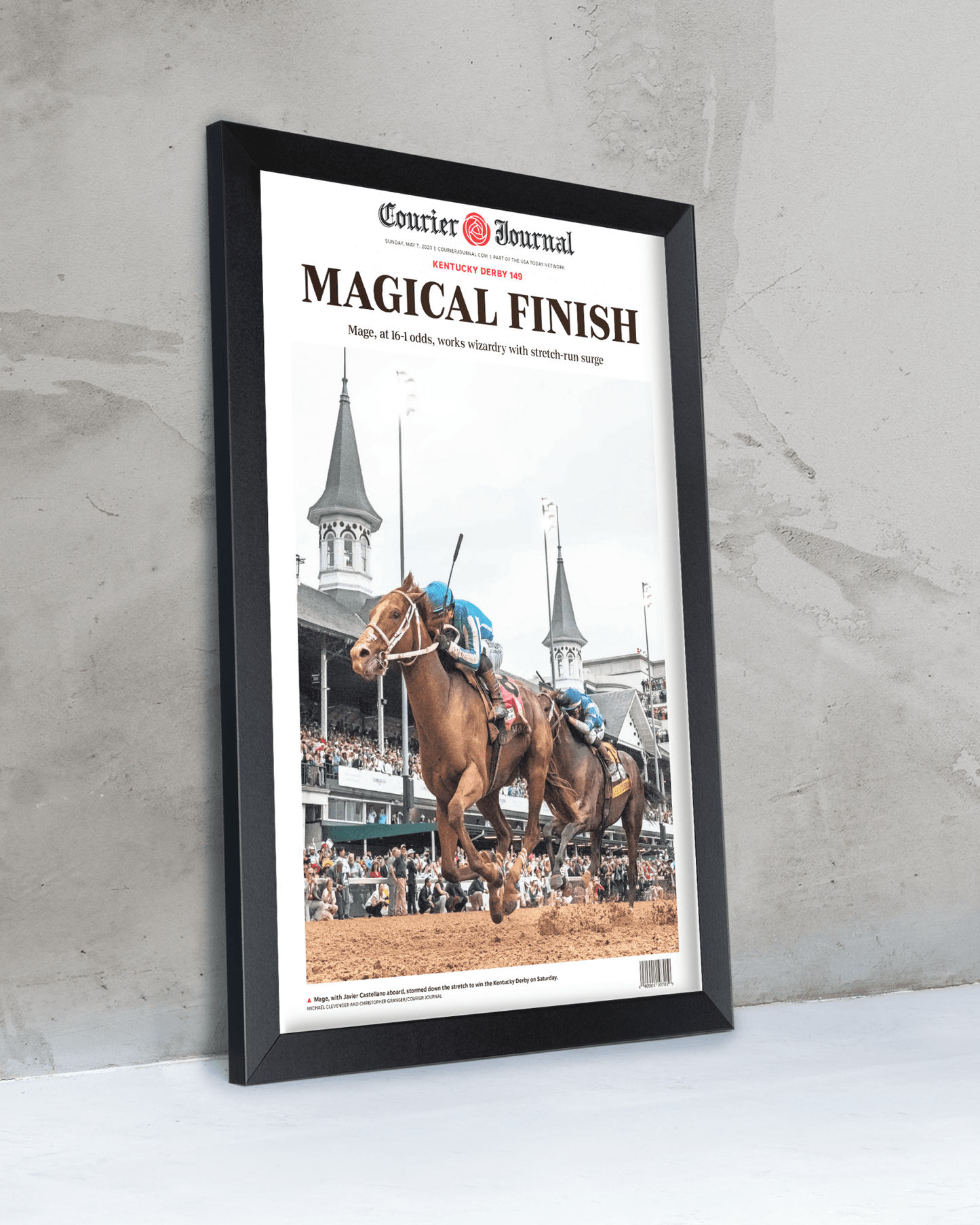 2023 Kentucky Derby “MAGICAL FINISH” Mage Winning Horse Framed Newspaper - TitleGameFrames.com