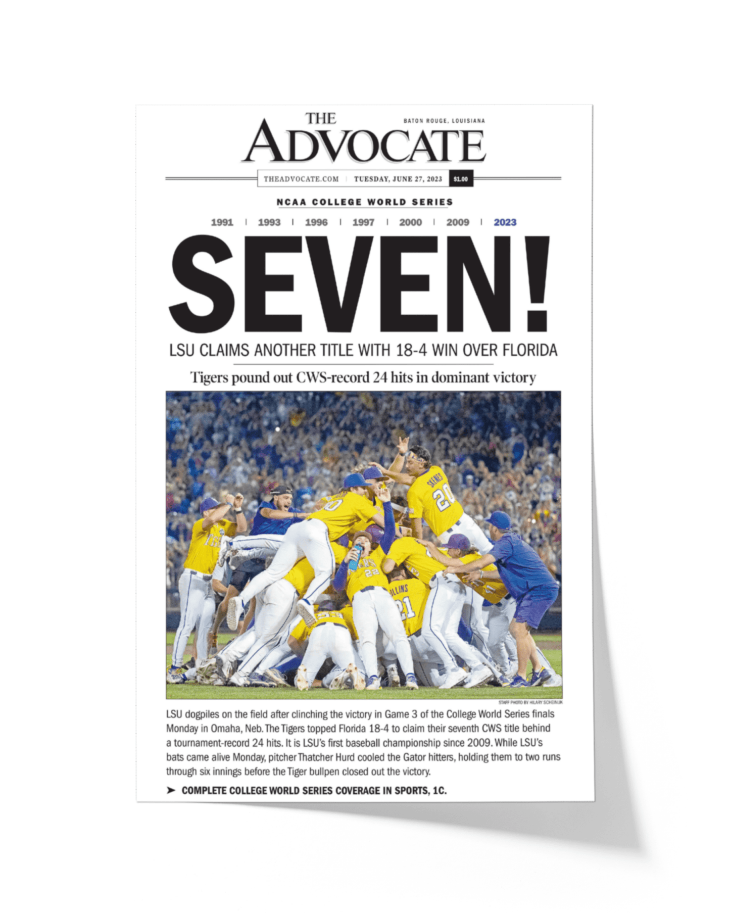 2023 LSU Tigers “SEVEN!” College World Series Champions Front Page Newspaper - TitleGameFrames.com