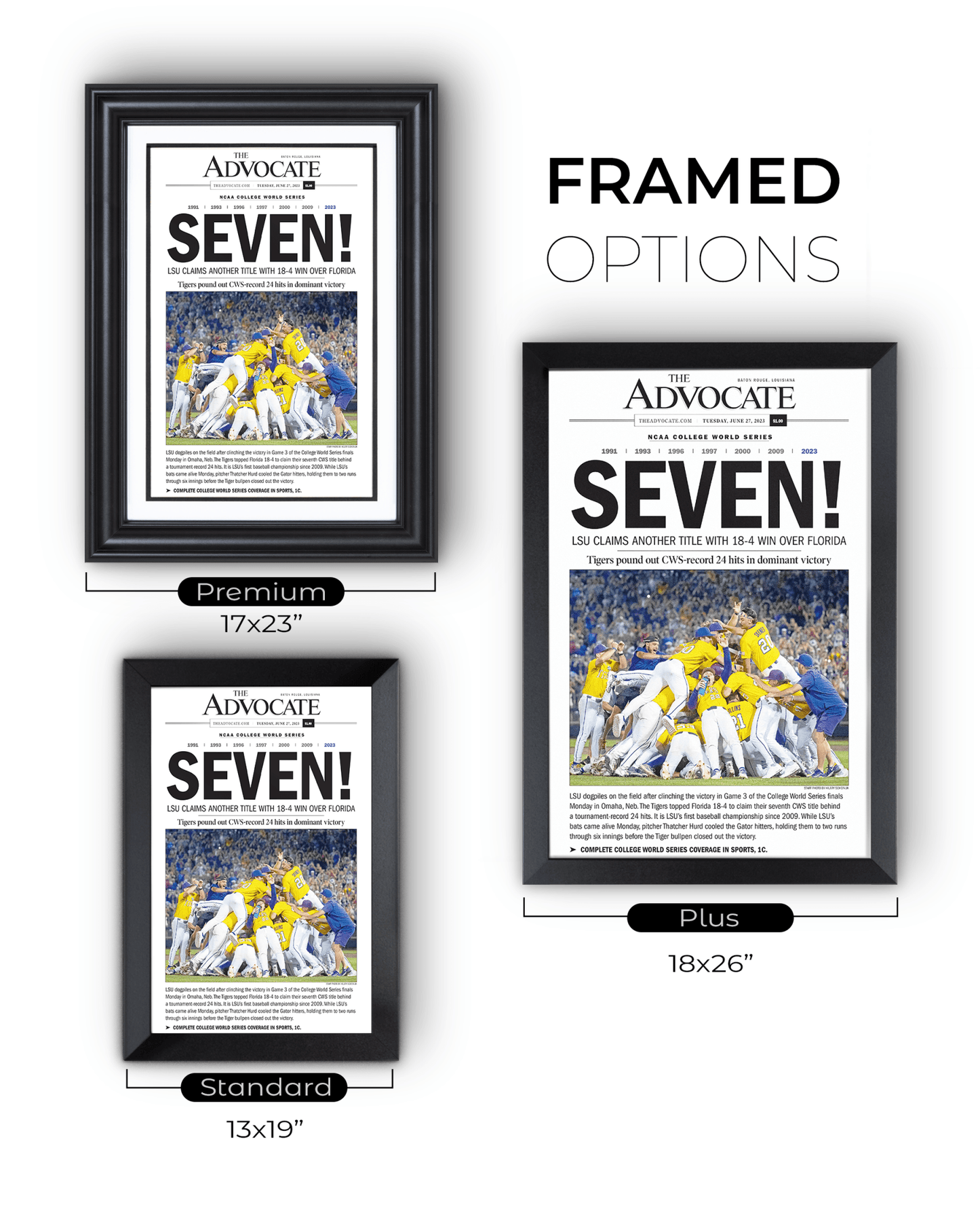 2023 LSU Tigers “SEVEN!” College World Series Champions Front Page Newspaper - TitleGameFrames.com