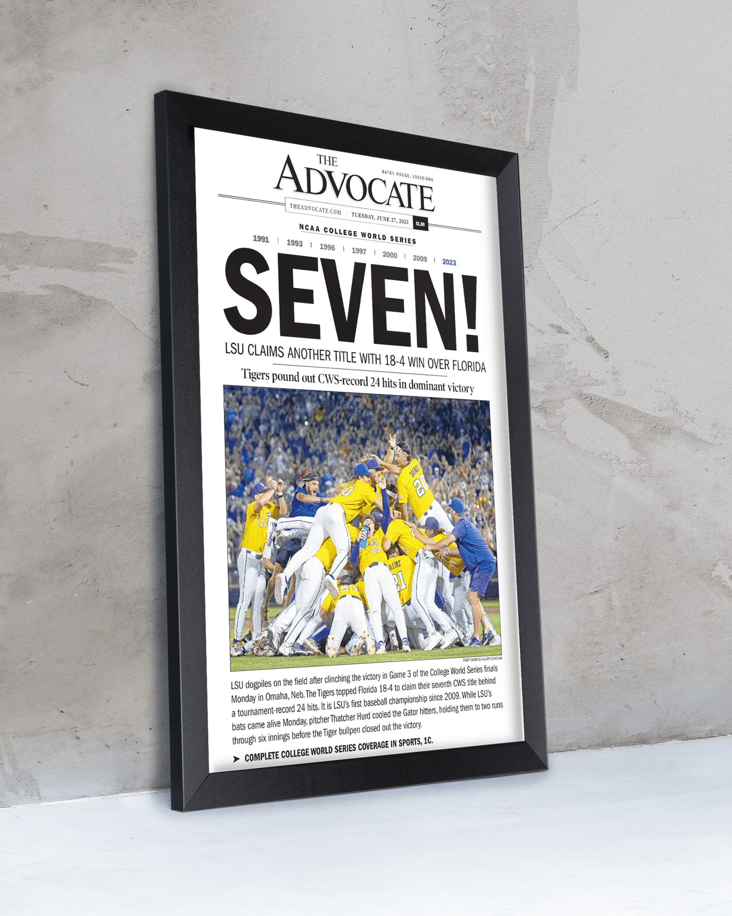 2023 LSU Tigers “SEVEN!” College World Series Champions Front Page Newspaper - TitleGameFrames.com