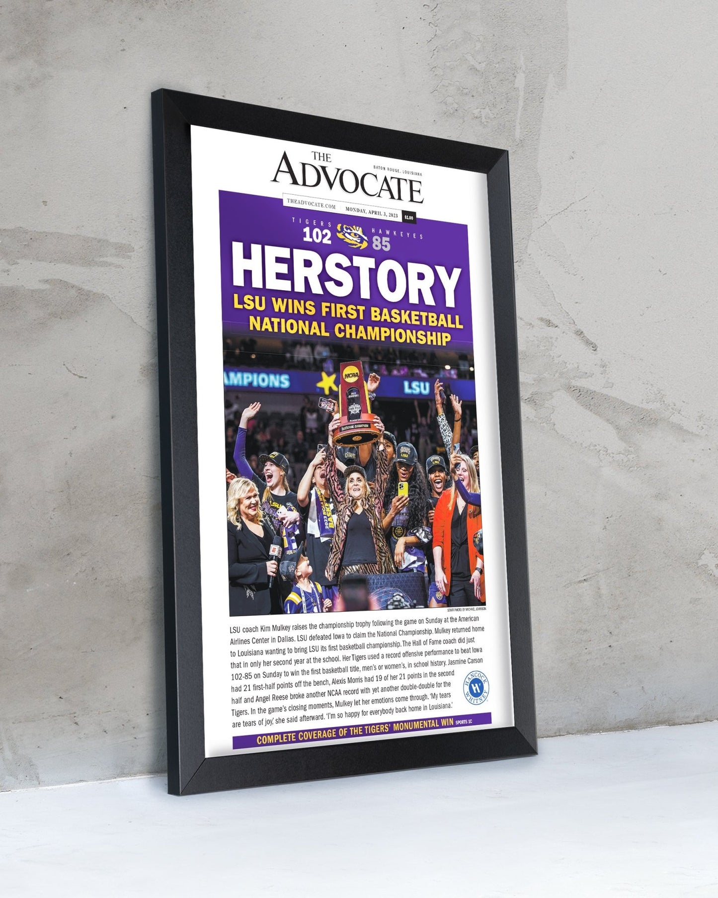 2023 LSU Tigers Women's National Champions "HERSTORY" Framed Front Page Newspaper - TitleGameFrames.com