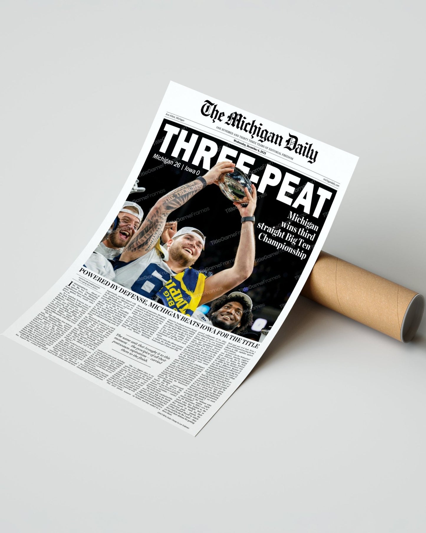 2023 Michigan Wolverines Big Ten Championship: 'THREE - PEAT' - Framed Newspaper Print - TitleGameFrames.com
