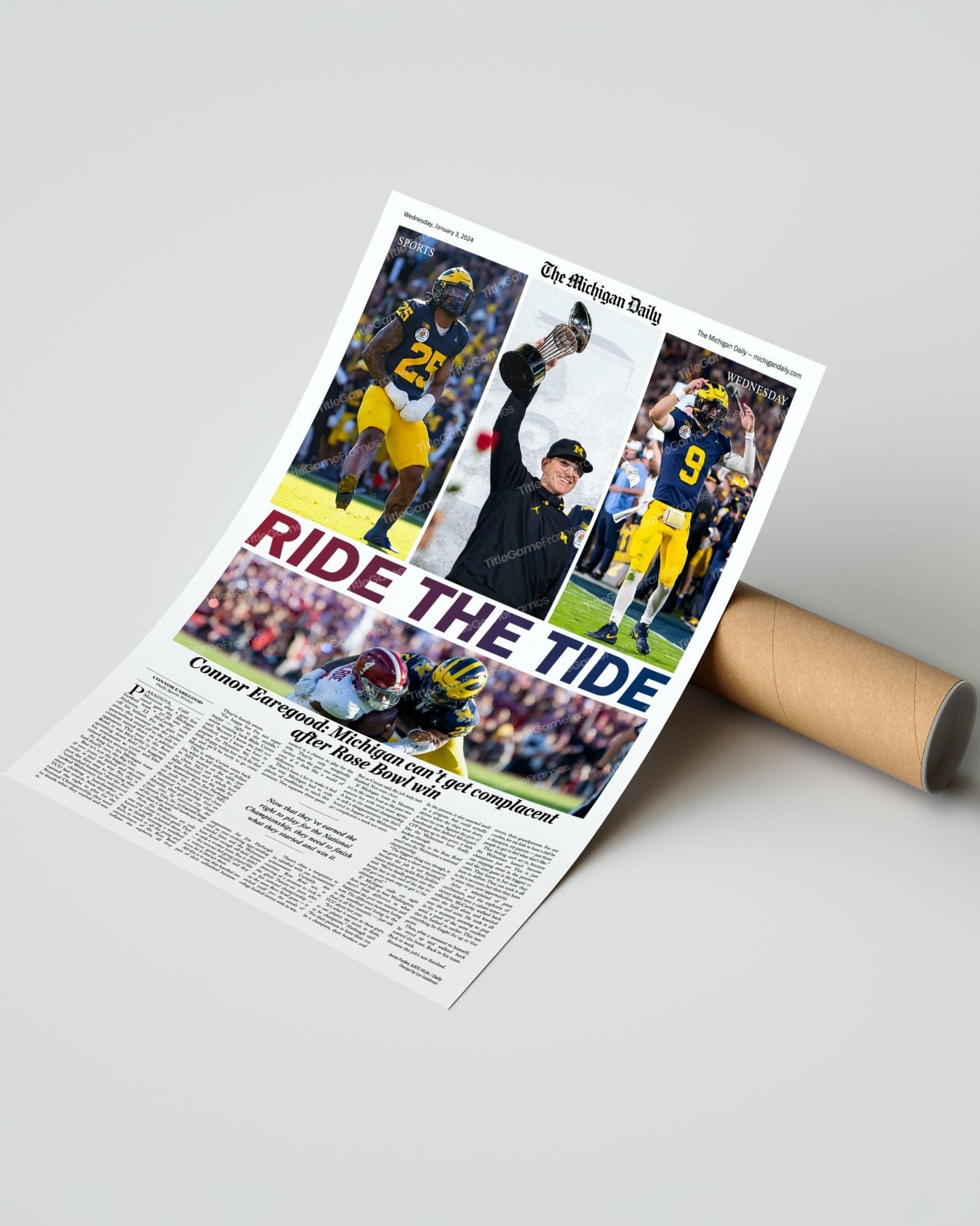 2023 Rose Bowl Victory: 'RIDE THE TIDE' - Michigan's Historic Win Over Alabama Print - TitleGameFrames.com