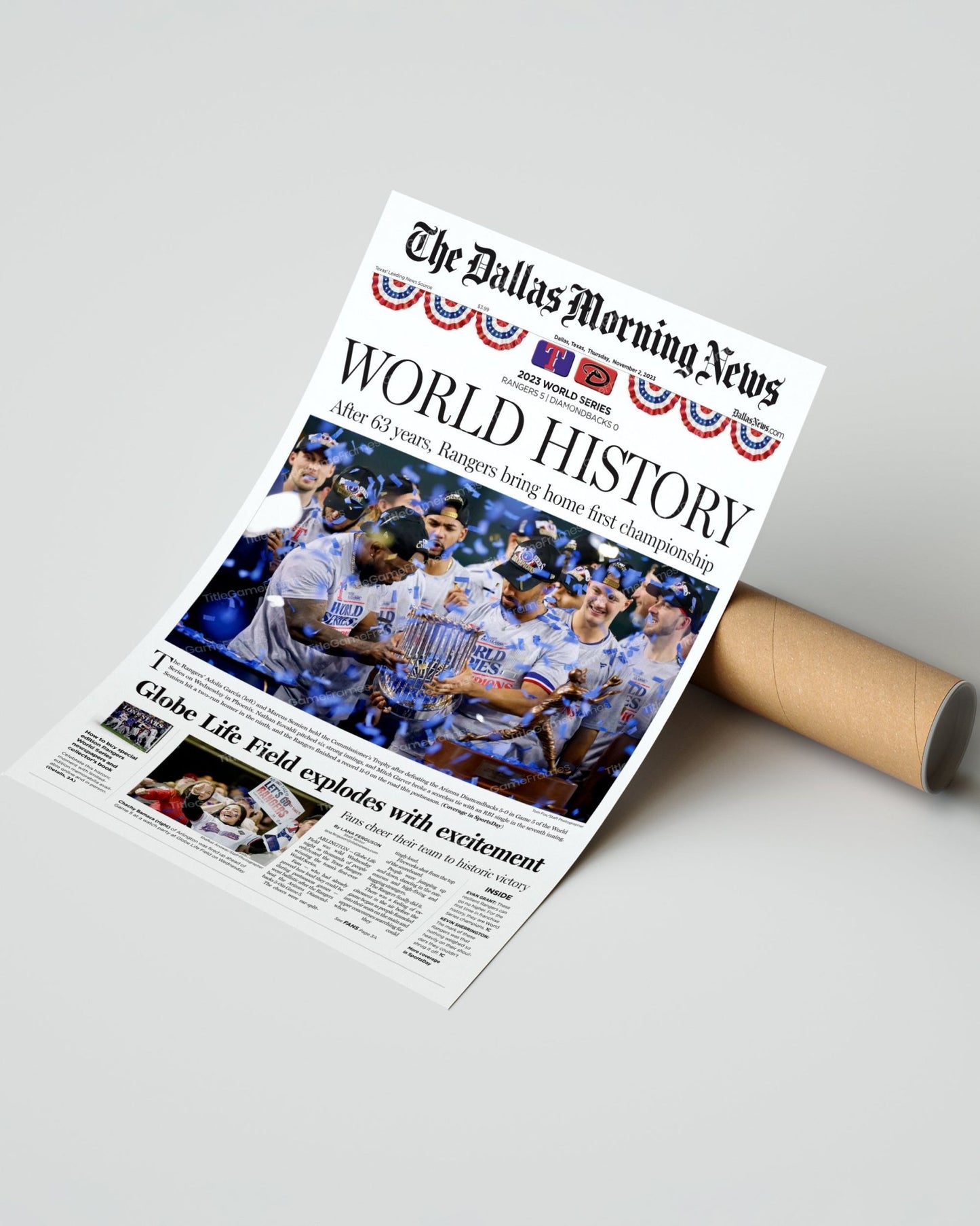 2023 Texas Rangers World Series "WORLD HISTORY" - Commemorative Framed Newspaper - TitleGameFrames.com