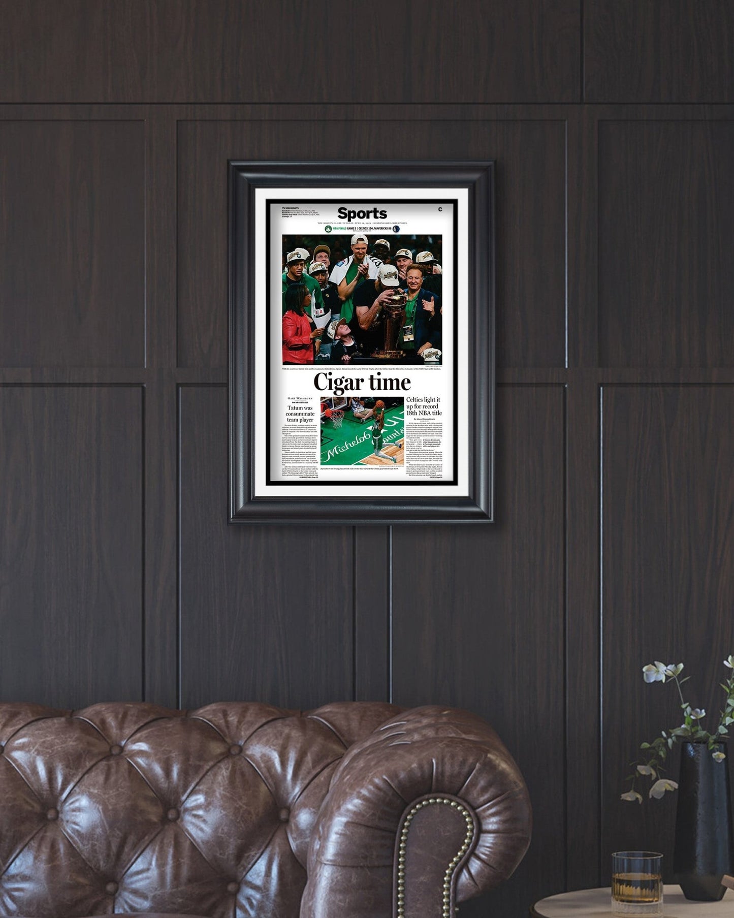 2024 Boston Celtics NBA Champions 'Cigar Time' Framed Commemorative Newspaper - TitleGameFrames.com
