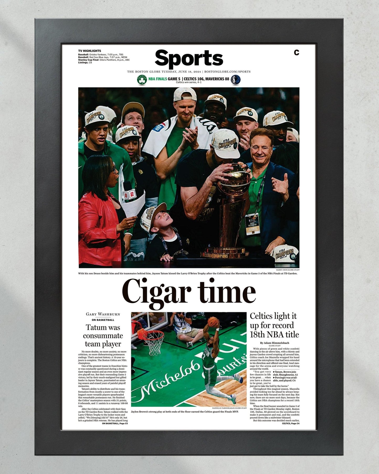 2024 Boston Celtics NBA Champions 'Cigar Time' Framed Commemorative Newspaper - TitleGameFrames.com