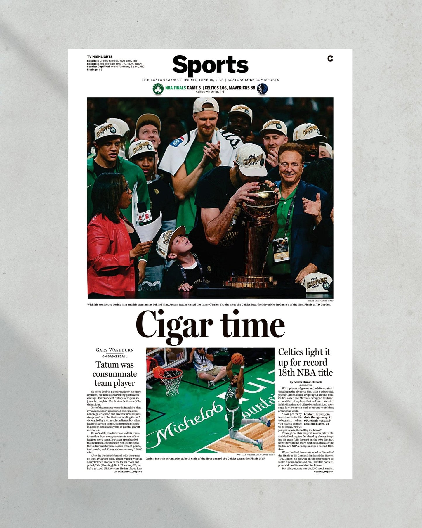 2024 Boston Celtics NBA Champions 'Cigar Time' Framed Commemorative Newspaper - TitleGameFrames.com