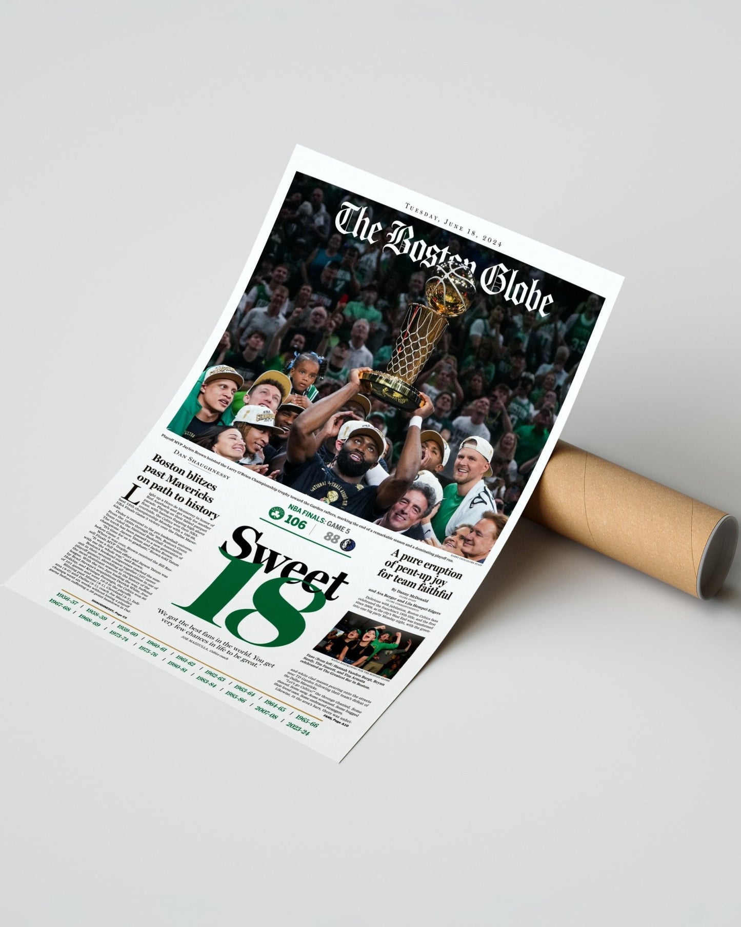 2024 Boston Celtics NBA Champions 'Sweet 18' Framed Newspaper - TitleGameFrames.com