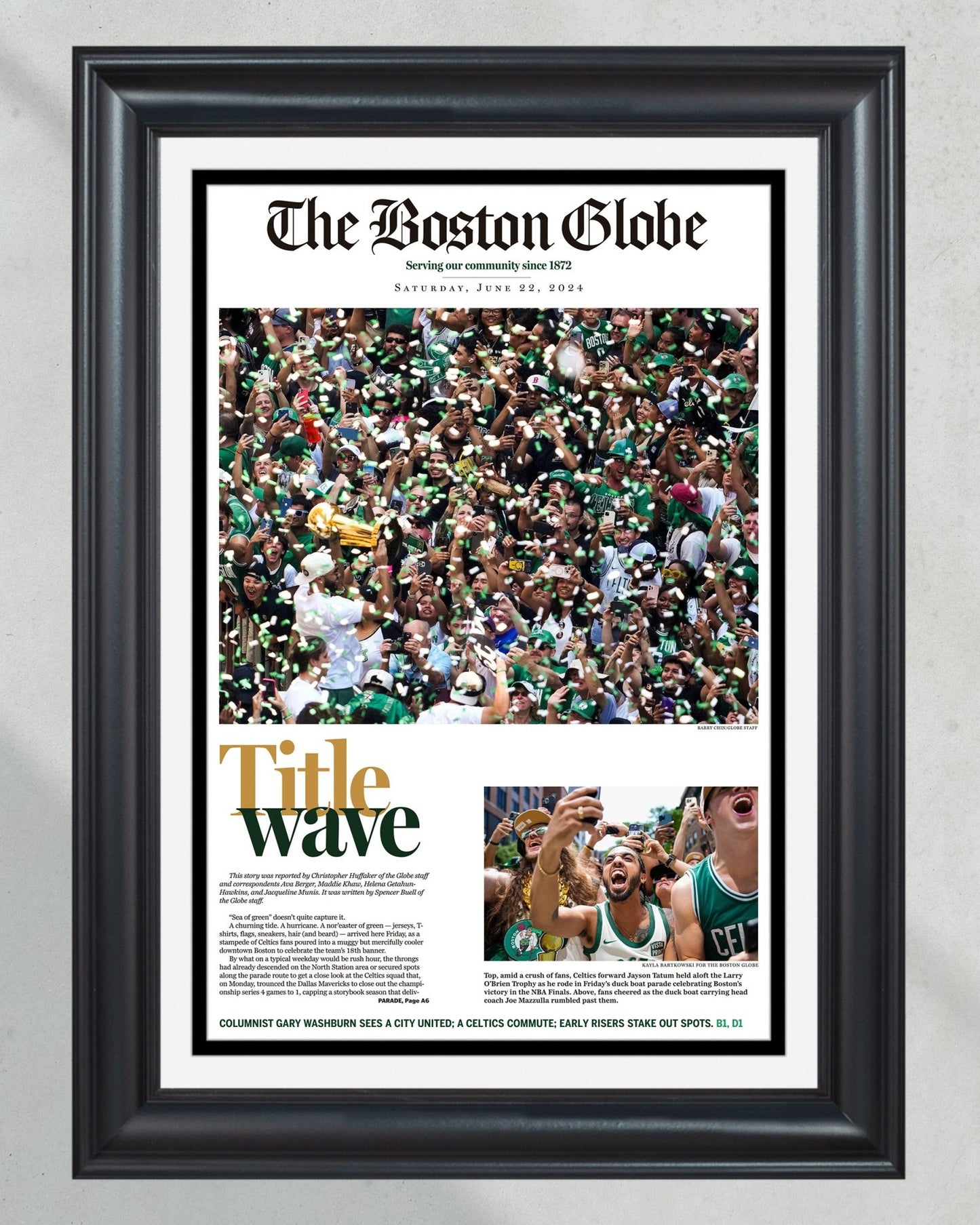 2024 Boston Celtics NBA Champions 'Title Wave' Parade Framed Newspaper - TitleGameFrames.com