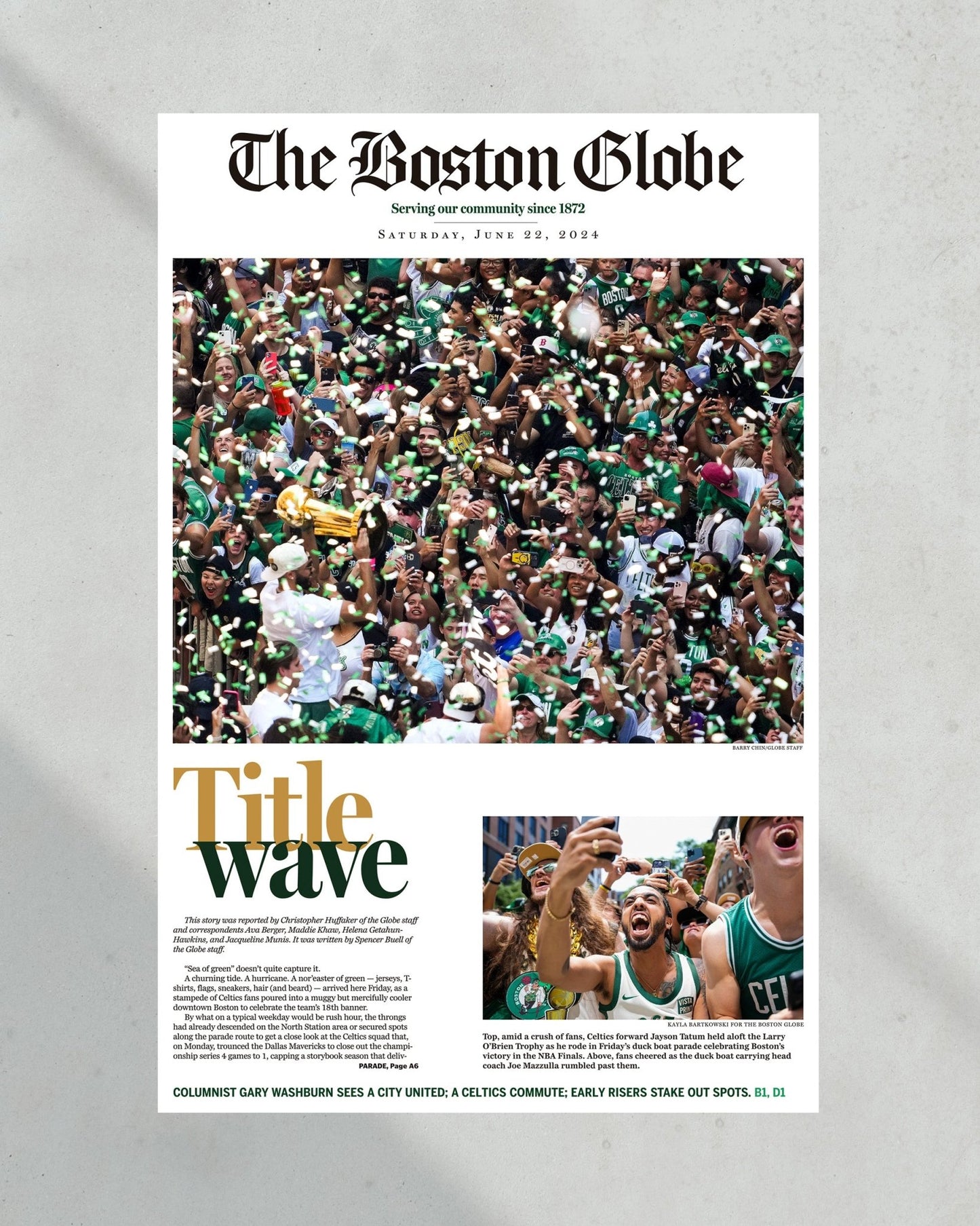 2024 Boston Celtics NBA Champions 'Title Wave' Parade Framed Newspaper - TitleGameFrames.com