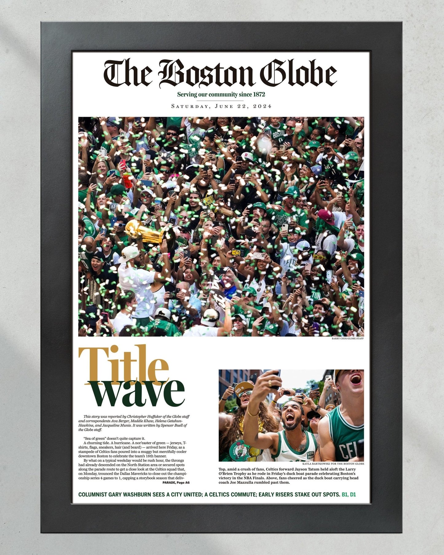 2024 Boston Celtics NBA Champions 'Title Wave' Parade Framed Newspaper - TitleGameFrames.com