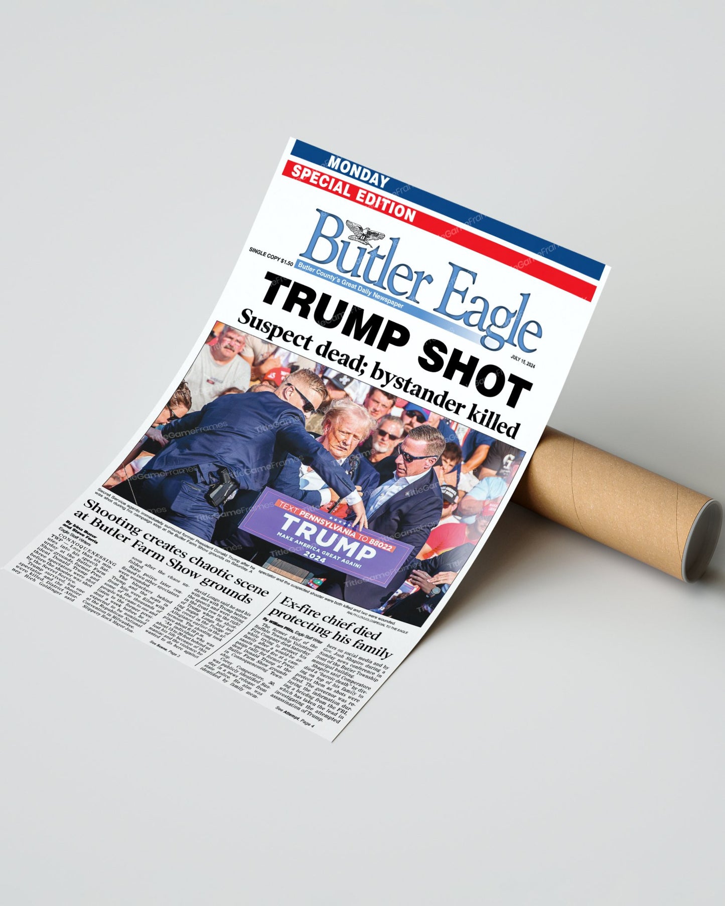 2024 Donald Trump Attempted Assassination "Trump Shot" Butler Eagle Framed Newspaper - Title Game Frames