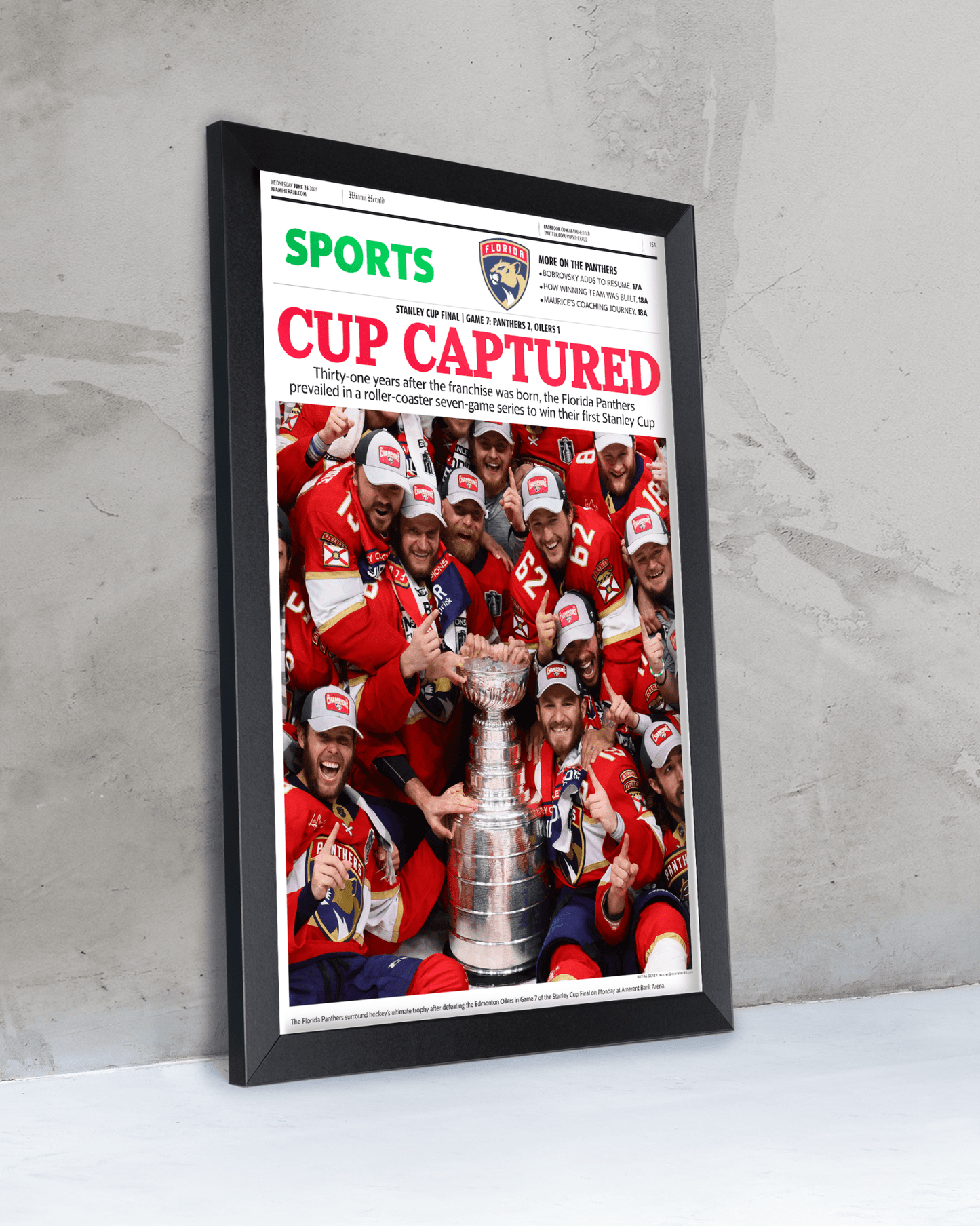 2024 Florida Panthers Stanley Cup "Cup Captured" Framed Sports Newspaper - TitleGameFrames.com