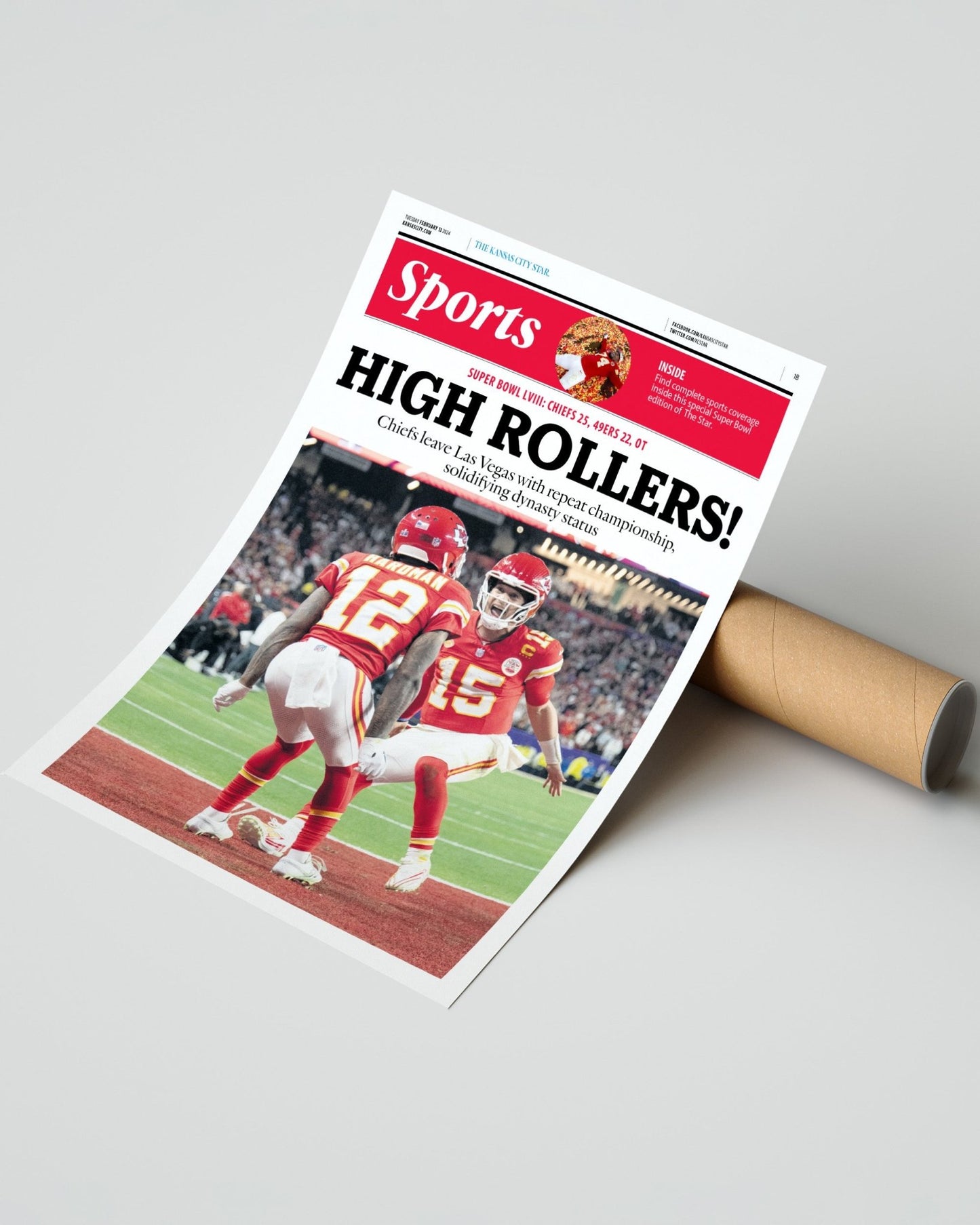2024 Kansas City Chiefs Super Bowl LVIII Champions 'HIGH ROLLERS!' Framed Newspaper Print - TitleGameFrames.com