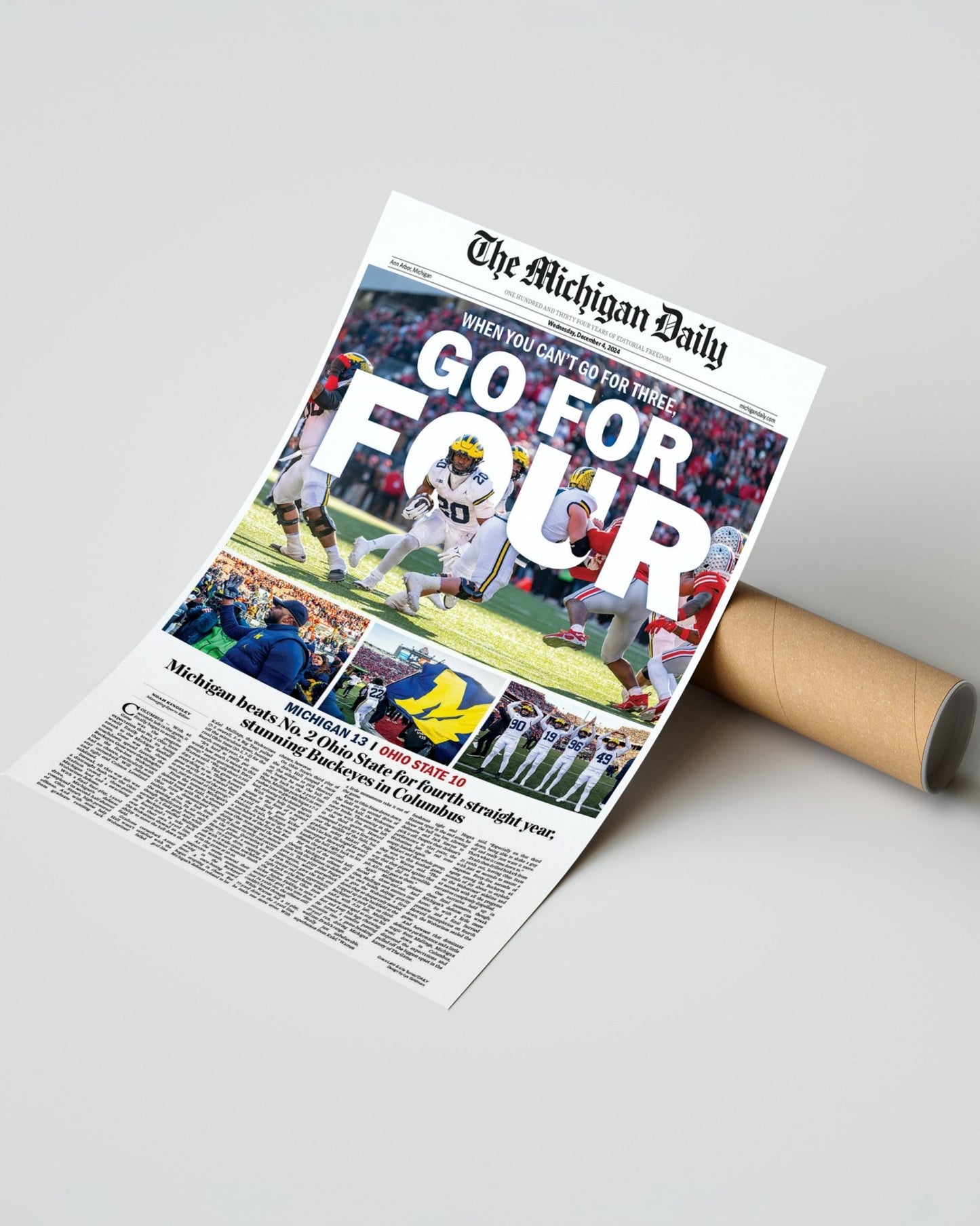 2024 Michigan Wolverines Upsets Ohio State Buckeyes "Go For Four" Michigan Daily Framed Newspaper - Title Game Frames