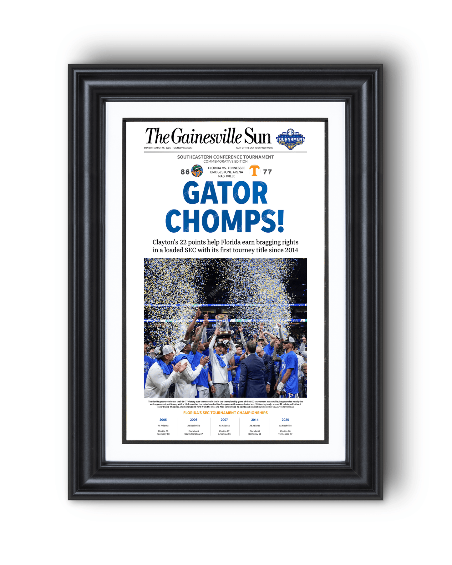 2025 Florida Gators Basketball SEC Champions "Gator Chomps" Framed Newspaper - TitleGameFrames.com