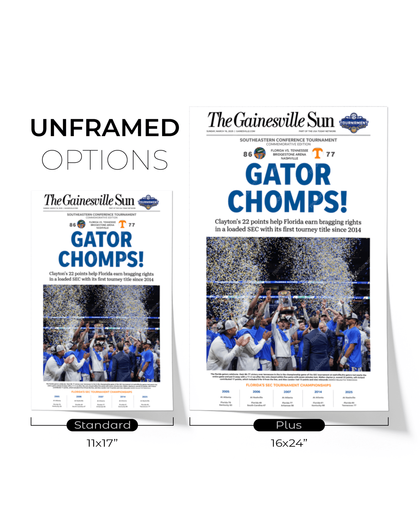 2025 Florida Gators Basketball SEC Champions "Gator Chomps" Framed Newspaper - TitleGameFrames.com