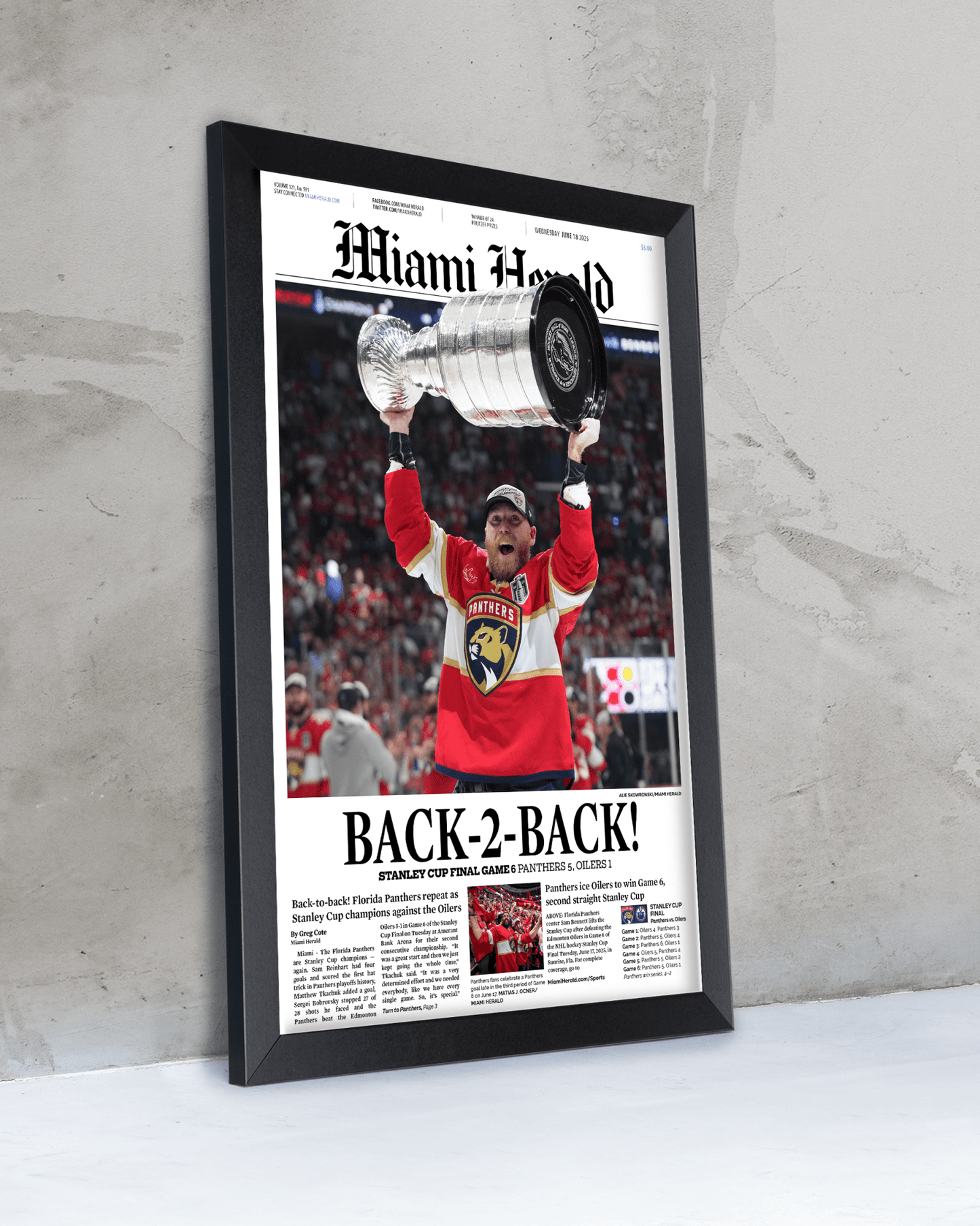 2025 Florida Panthers Stanley Cup Champions "Back - to - Back" Framed Front Page Newspaper - TitleGameFrames.com