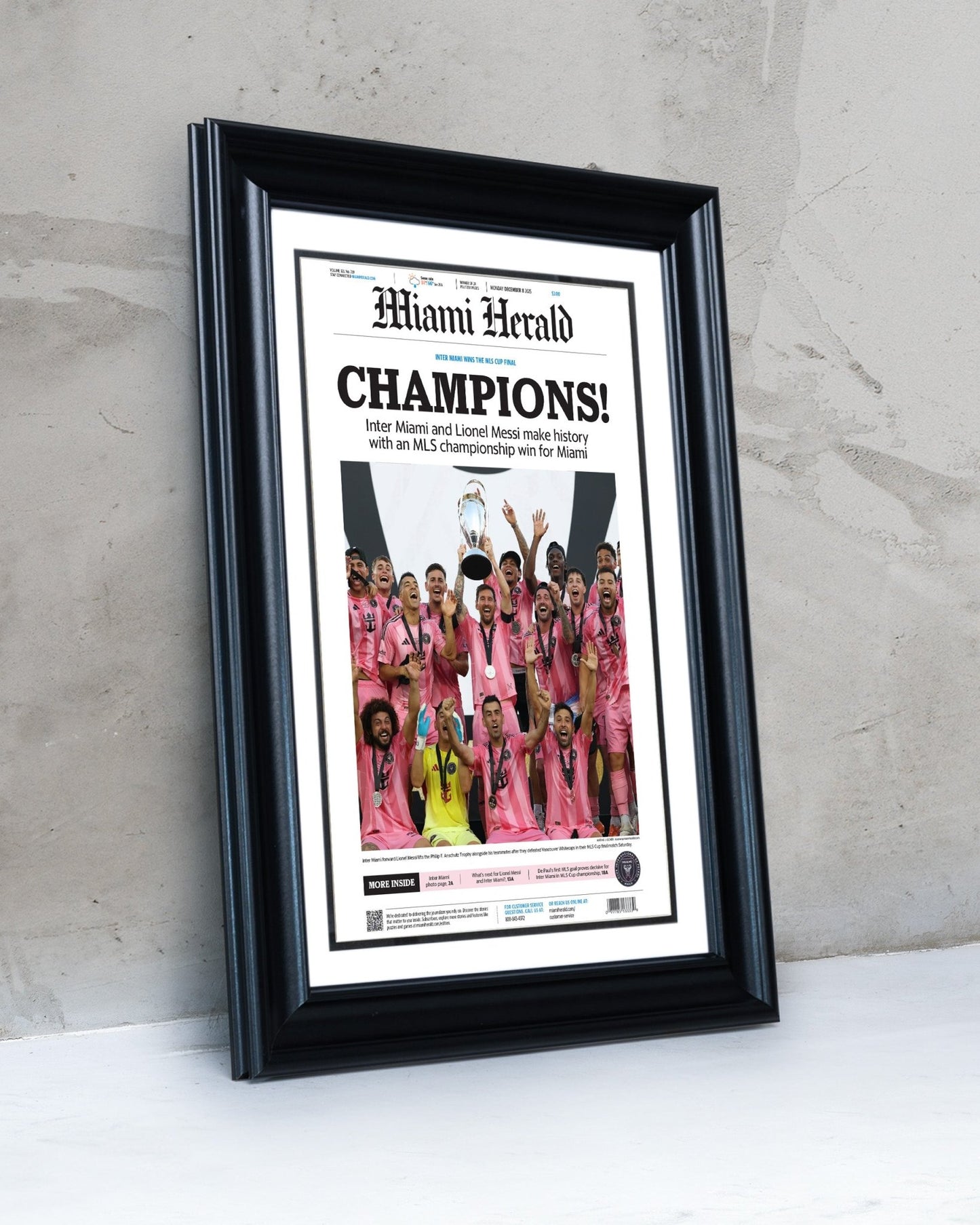 2025 Inter Miami FC “CHAMPIONS!” – First MLS Cup Title – Lionel Messi Framed Newspaper Print - TitleGameFrames.com