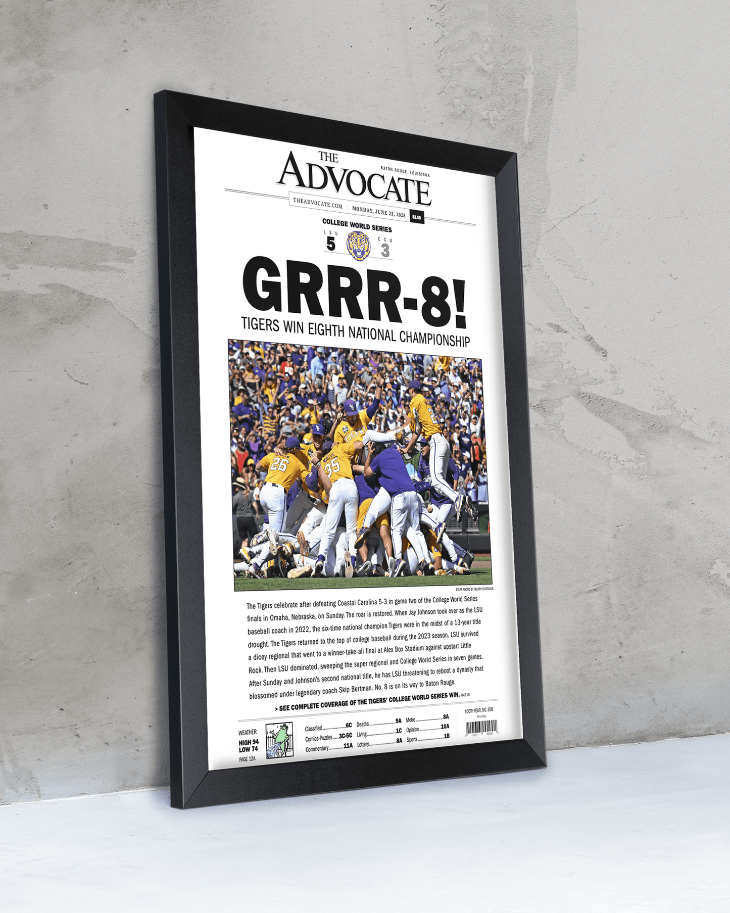 2025 LSU Tigers "GRRR - 8!" College World Series Champions Framed Newspaper - TitleGameFrames.com