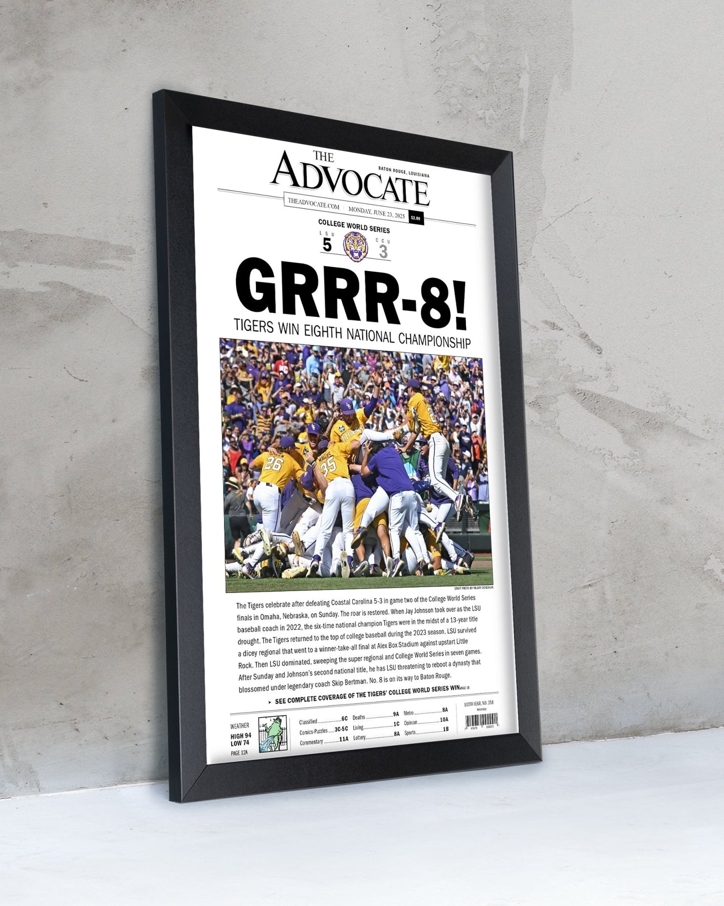 2025 LSU Tigers "GRRR - 8!" College World Series Champions Framed Newspaper - TitleGameFrames.com