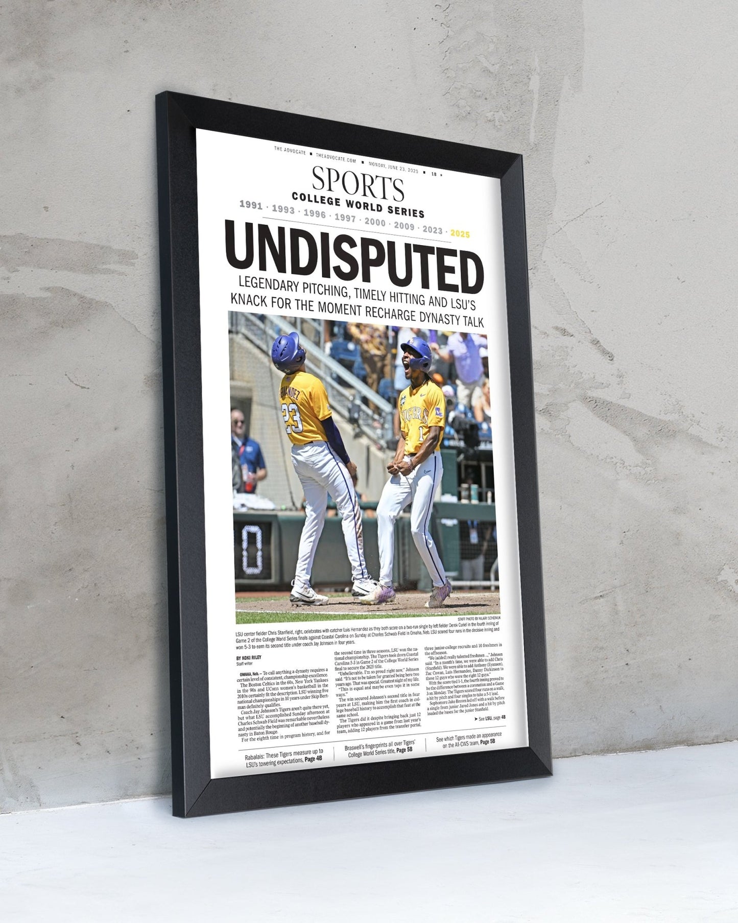2025 LSU Tigers "UNDISPUTED" CWS Champions Framed Sports Newspaper - TitleGameFrames.com