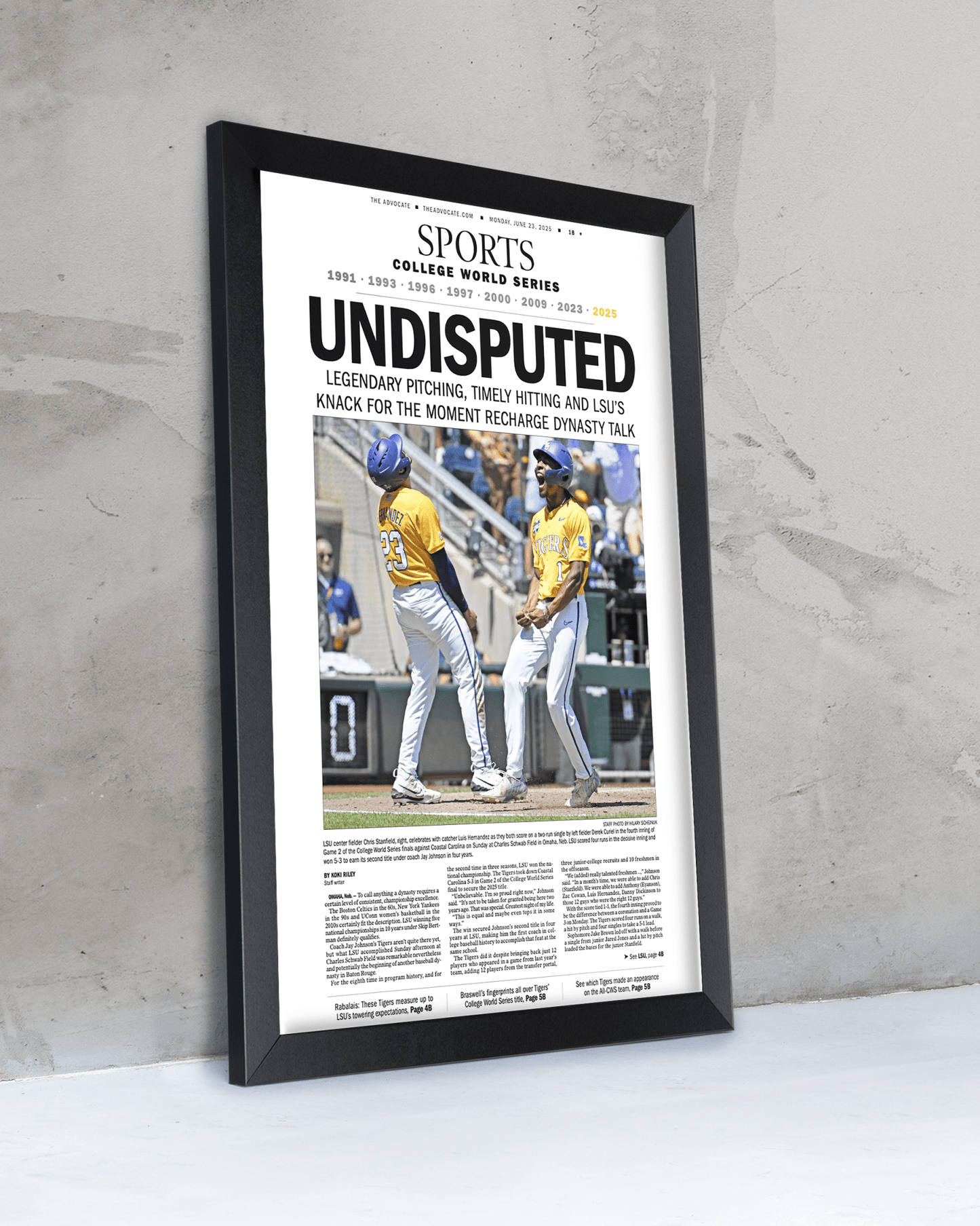 2025 LSU Tigers "UNDISPUTED" CWS Champions Framed Sports Newspaper - TitleGameFrames.com