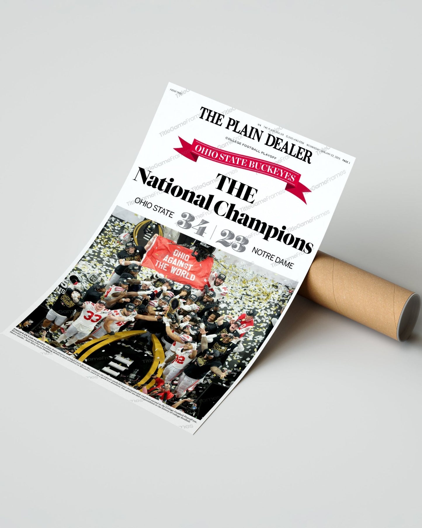 2025 Ohio State CFP Champions "THE National Champions" Plain Dealer Newspaper - TitleGameFrames.com
