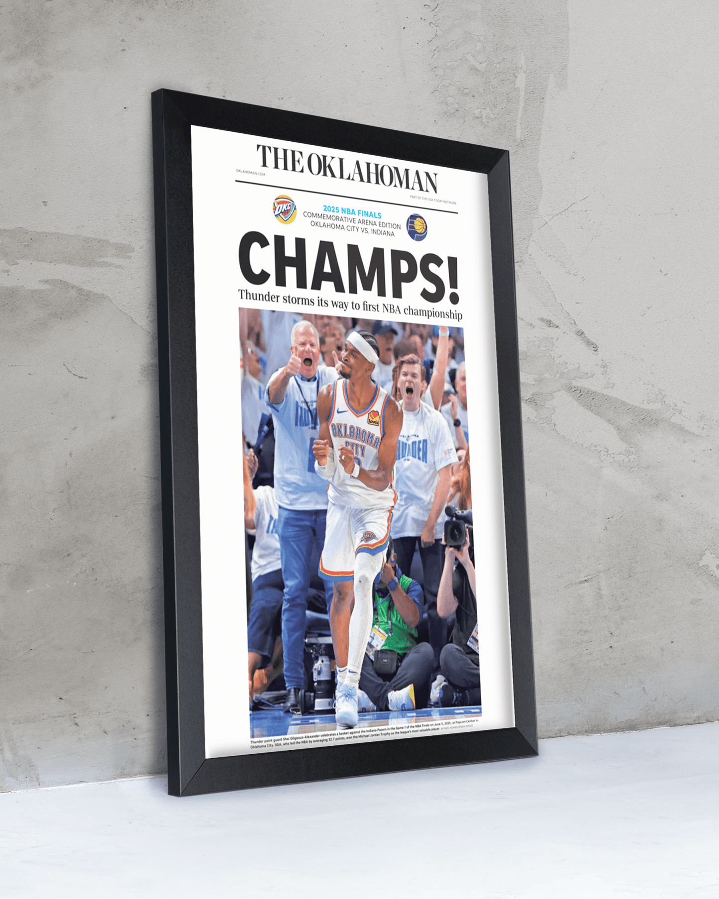 2025 Oklahoma City Thunders NBA Finals "CHAMPS!" Framed Newspaper - TitleGameFrames.com