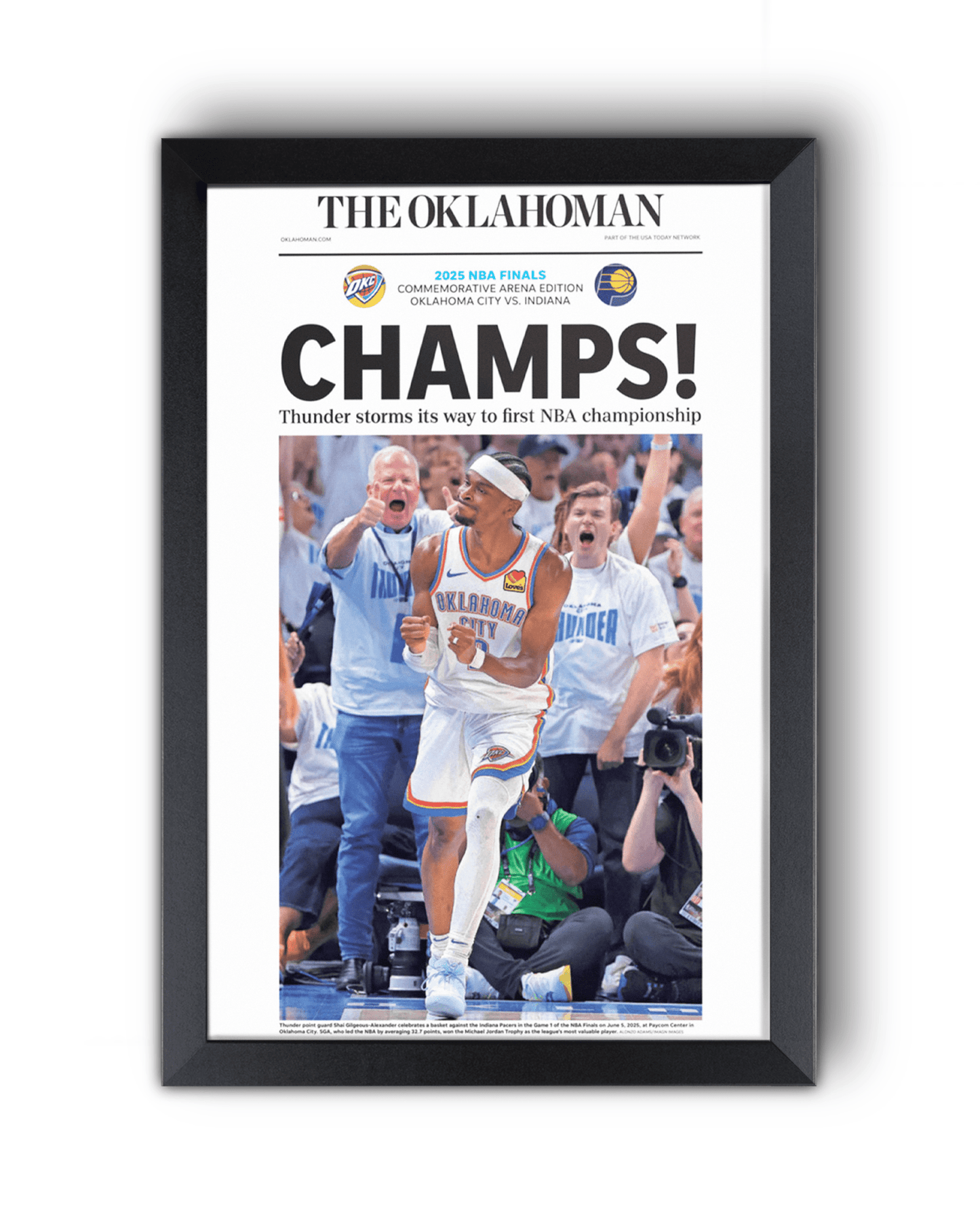 2025 Oklahoma City Thunders NBA Finals "CHAMPS!" Framed Newspaper - TitleGameFrames.com