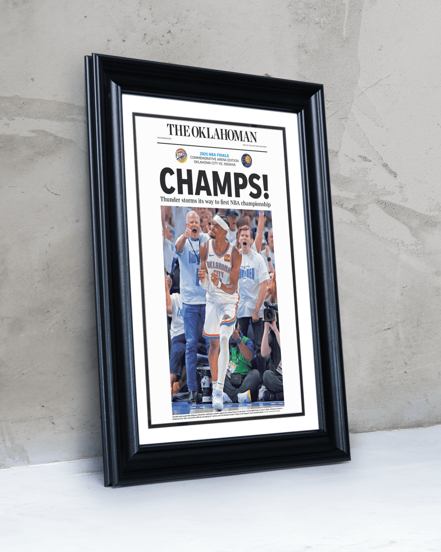 2025 Oklahoma City Thunders NBA Finals "CHAMPS!" Framed Newspaper - TitleGameFrames.com