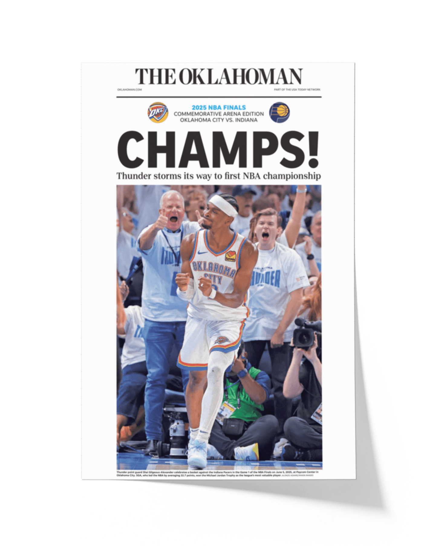 2025 Oklahoma City Thunders NBA Finals "CHAMPS!" Framed Newspaper - TitleGameFrames.com