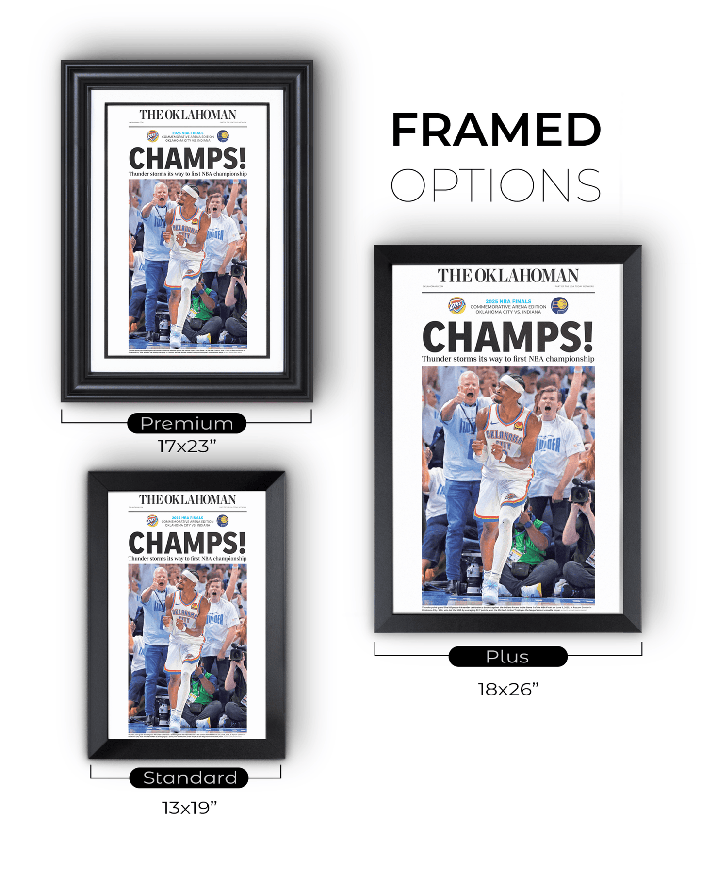 2025 Oklahoma City Thunders NBA Finals "CHAMPS!" Framed Newspaper - TitleGameFrames.com
